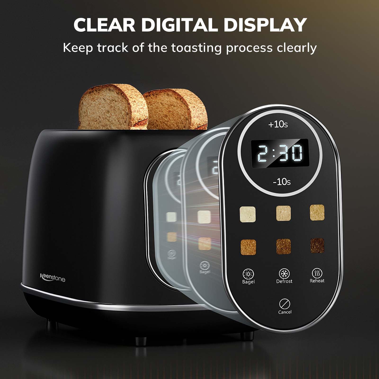 Keenstone tostador inteligente de visualización táctil de 2 rebanadas, tostador retro de acero inoxidable con 6 niveles de dorado, recalentar y descongelar, para bagel, tostado, pan, bandeja extraíble