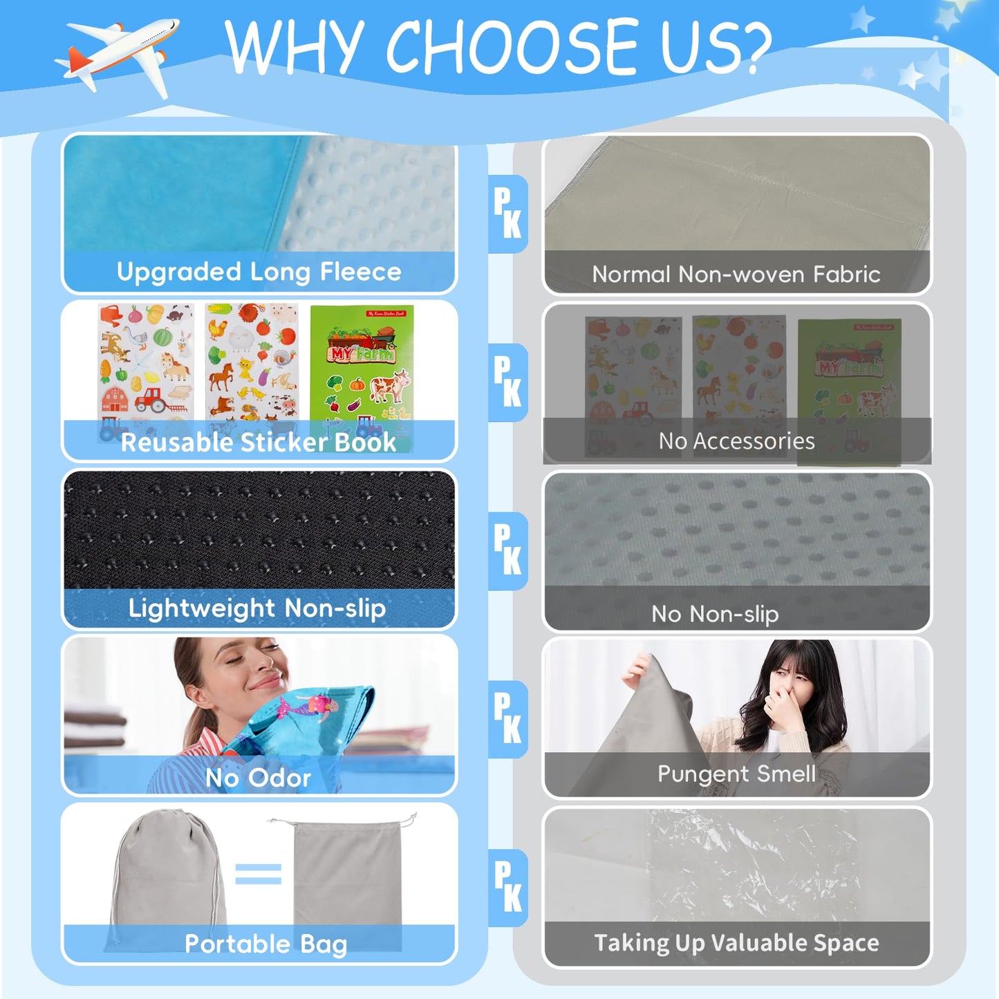 Untree - Cama de avión para niños pequeños con manta, extensor de asiento de avión para niños, artículos esenciales de viaje, color azul