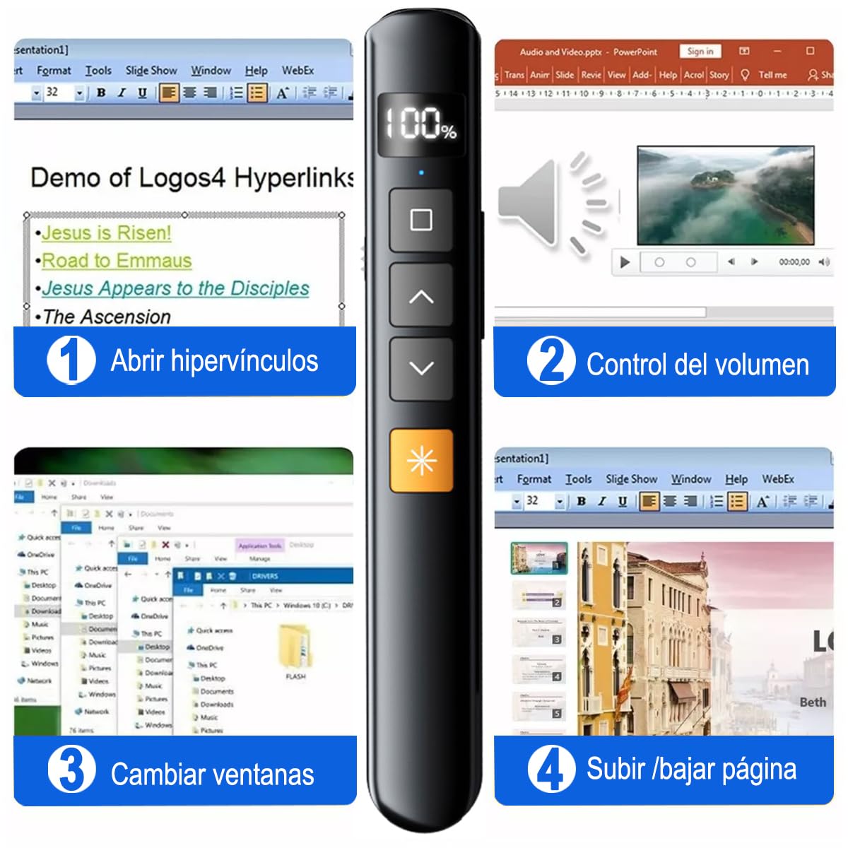 Presentador Inalámbrico LED USB Recargable con Pantalla Digital y Control de Volumen para Presentaciones en Windows y Mac