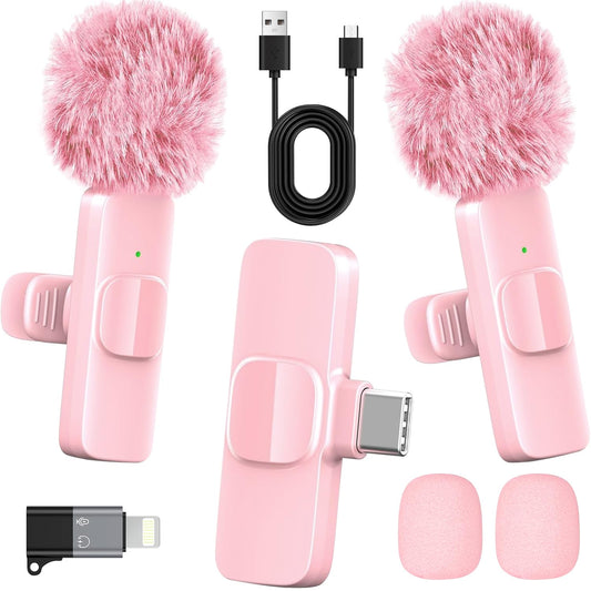 HONGJIEYUAN Micrófono Lavalier inalámbrico rosa para iPhone y Android – Mini micrófono con clip con cancelación de ruido, rango de 65 pies, batería 8H, USB-C/Lightning – para TikTok, YouTube, Podcast