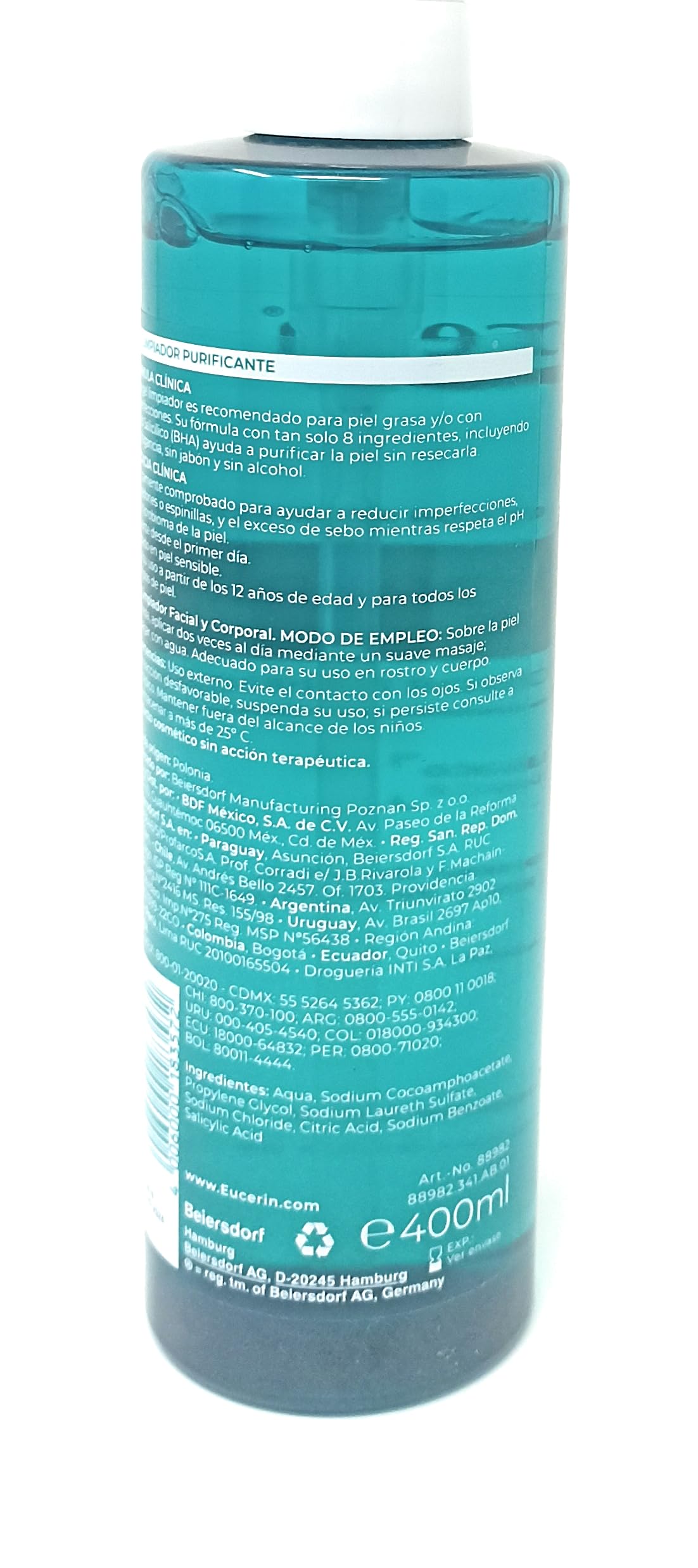 Eucerin Dermopure Clinical Gel Limpiador Facial y Corporal Purificante Reduce Exceso de Sebo, Imperfecciones, Espinillas y Comedones, Desobstruye y Destapa Poros para Piel Sensible 400 Ml