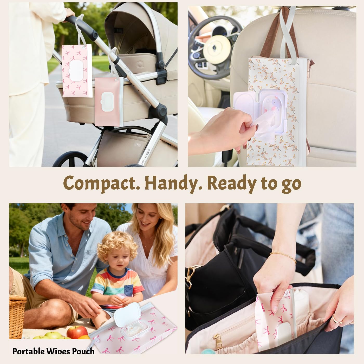 eoscasely - Dispensador de toallitas y contenedores, paquete de 2 soportes reutilizables para toallitas y fundas de viaje, bolsa recargable para artículos esenciales para bebés, diseño de rubor y lazo