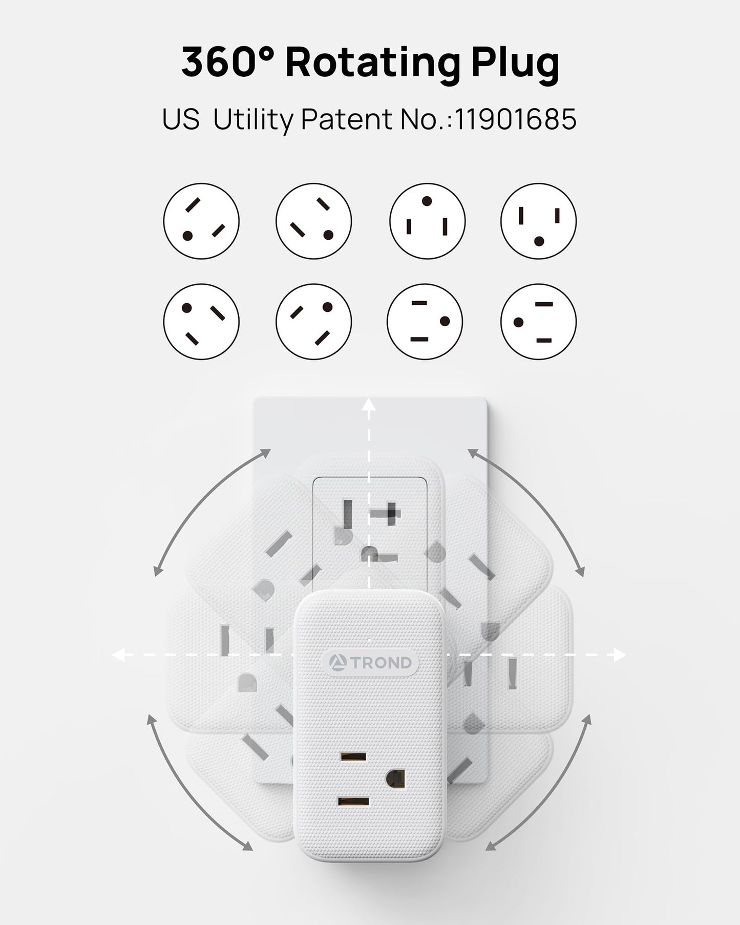TROND Extensión con Enchufe Giratorio 360°, 3 Tomas AC, Cargador USB-C PD 20W, Adaptador de Pared USB, Estación de Carga Compacta para Cocina, Baño, Cruceros y Viajes