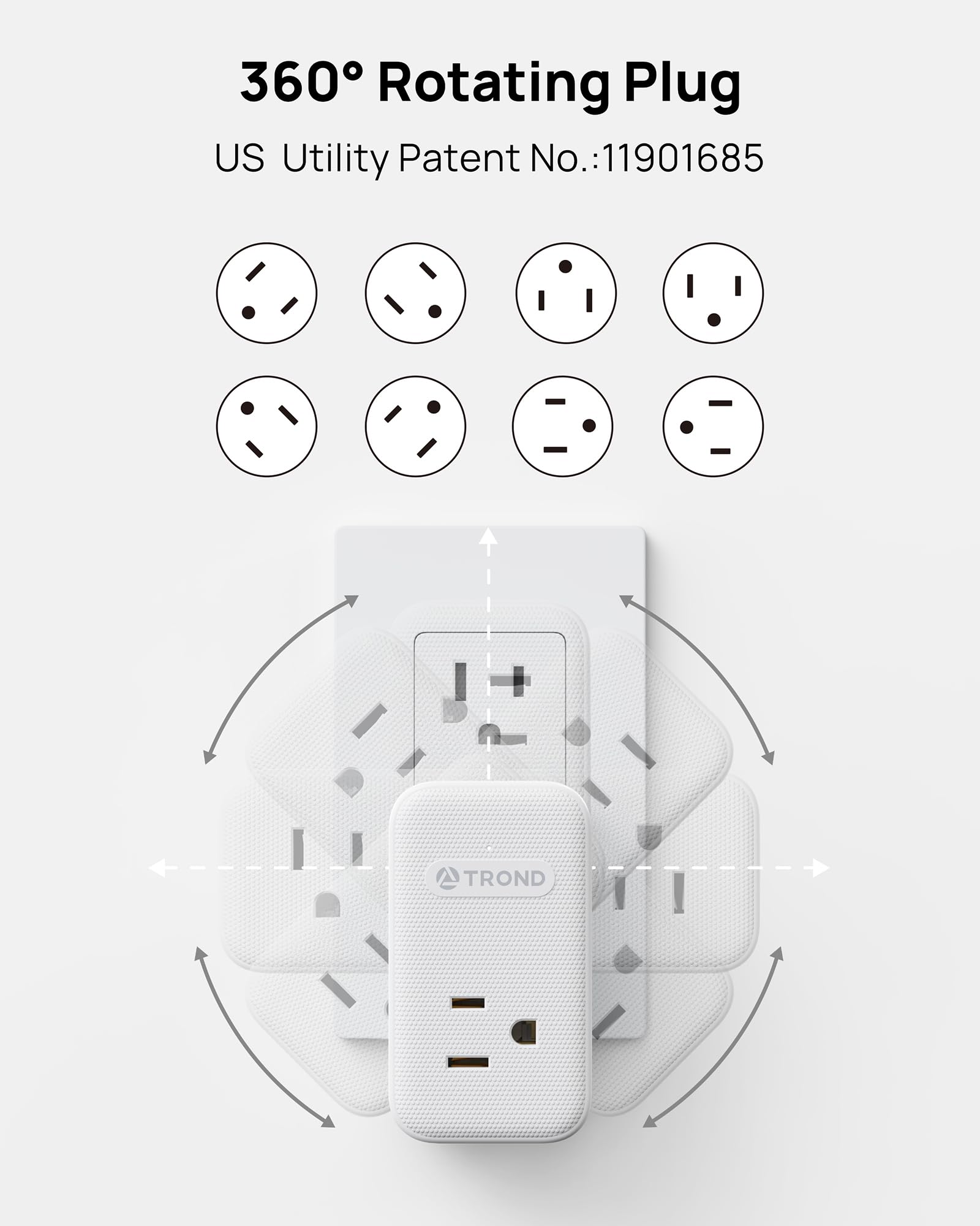 TROND Extensión con Enchufe Giratorio 360°, 3 Tomas AC, Cargador USB-C PD 20W, Adaptador de Pared USB, Estación de Carga Compacta para Cocina, Baño, Cruceros y Viajes