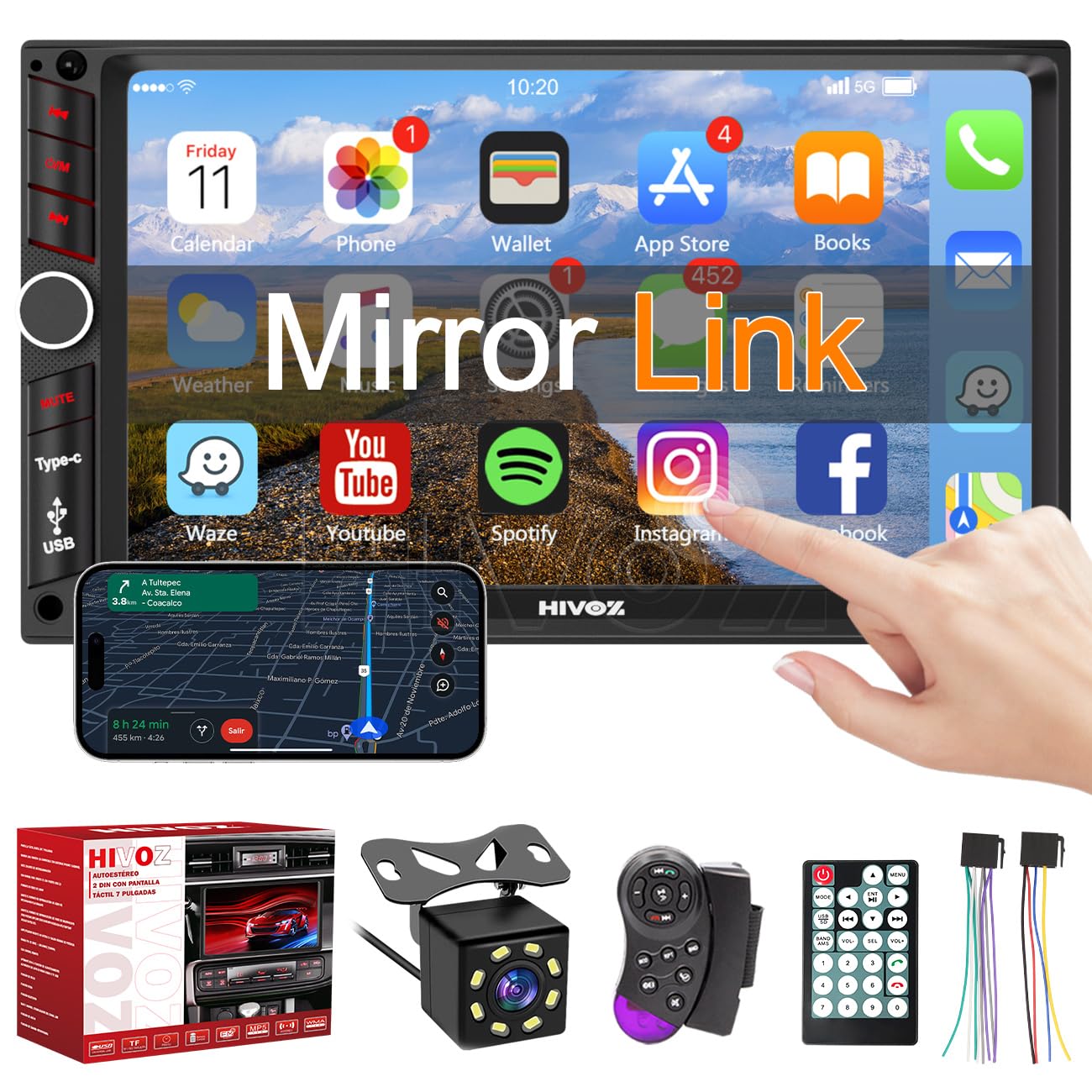 HIMICAR Autoestéreo para Carro de 7 Pulgadas con Pantalla Doble DIN, Solo DIN& Doble Design Estéreo Multifuncional para Automóvil, MP5, FM, AUX, TF, Cámara Trasera, GPS, Bluetooth