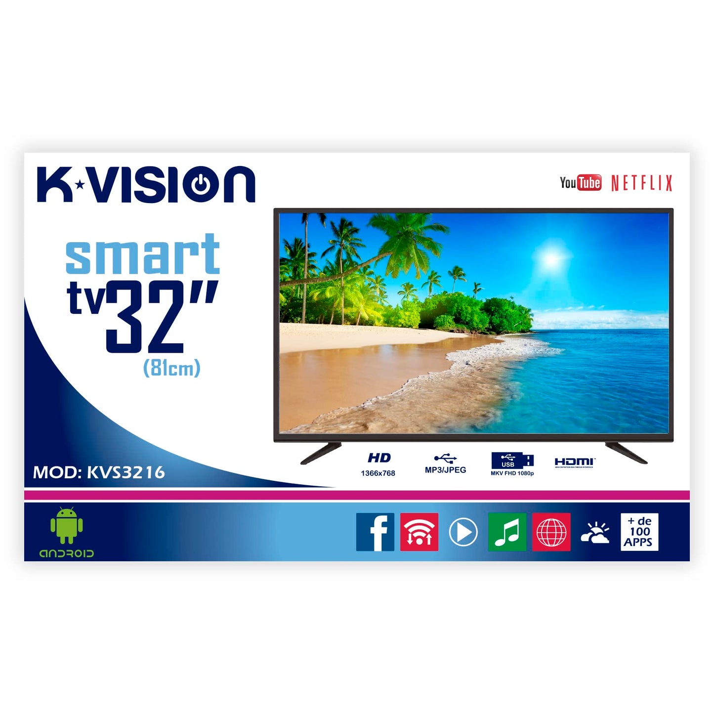Pantalla Smart TV LED HD K-VISION 32 Pulgadas Modelo KVS3216