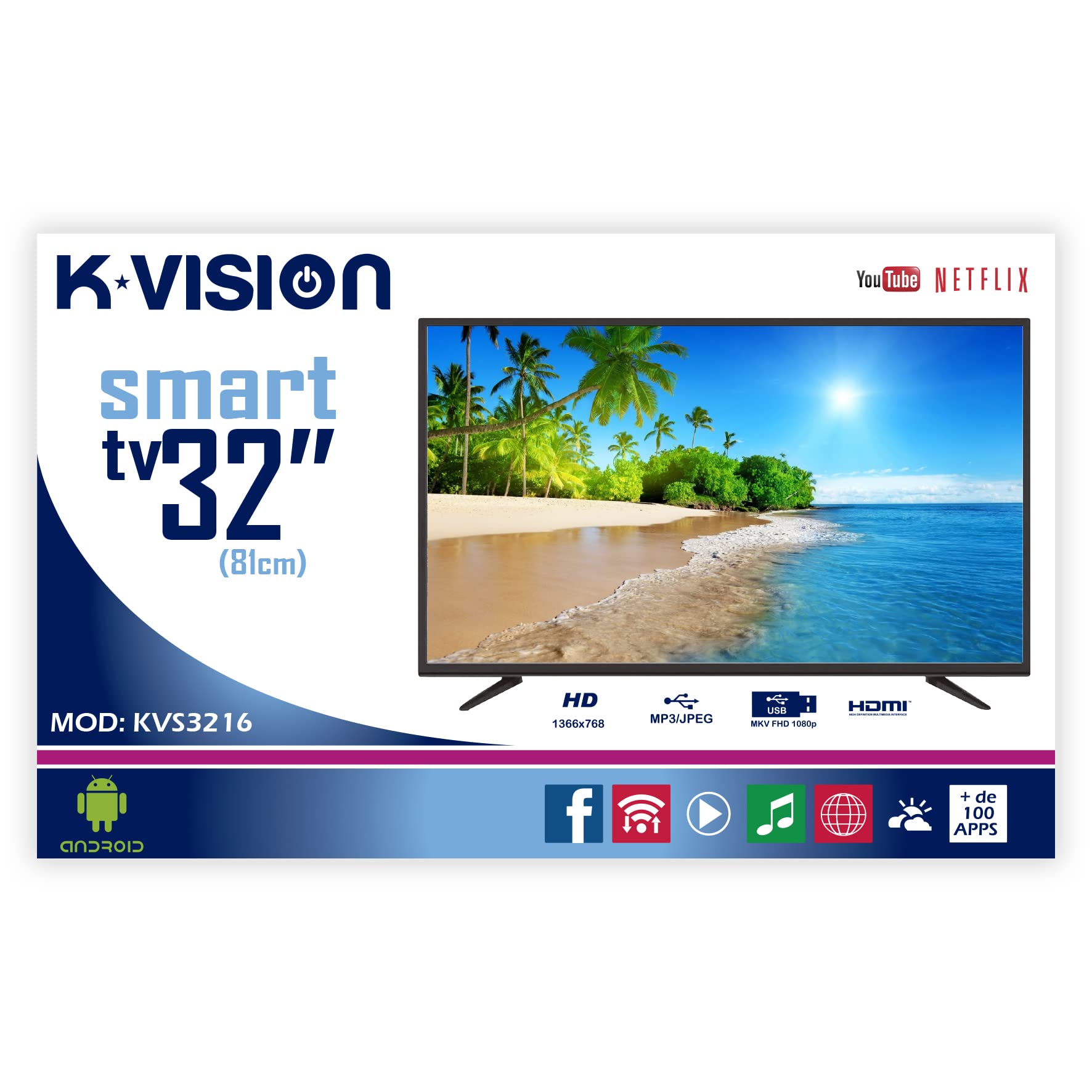 Pantalla Smart TV LED HD K-VISION 32 Pulgadas Modelo KVS3216