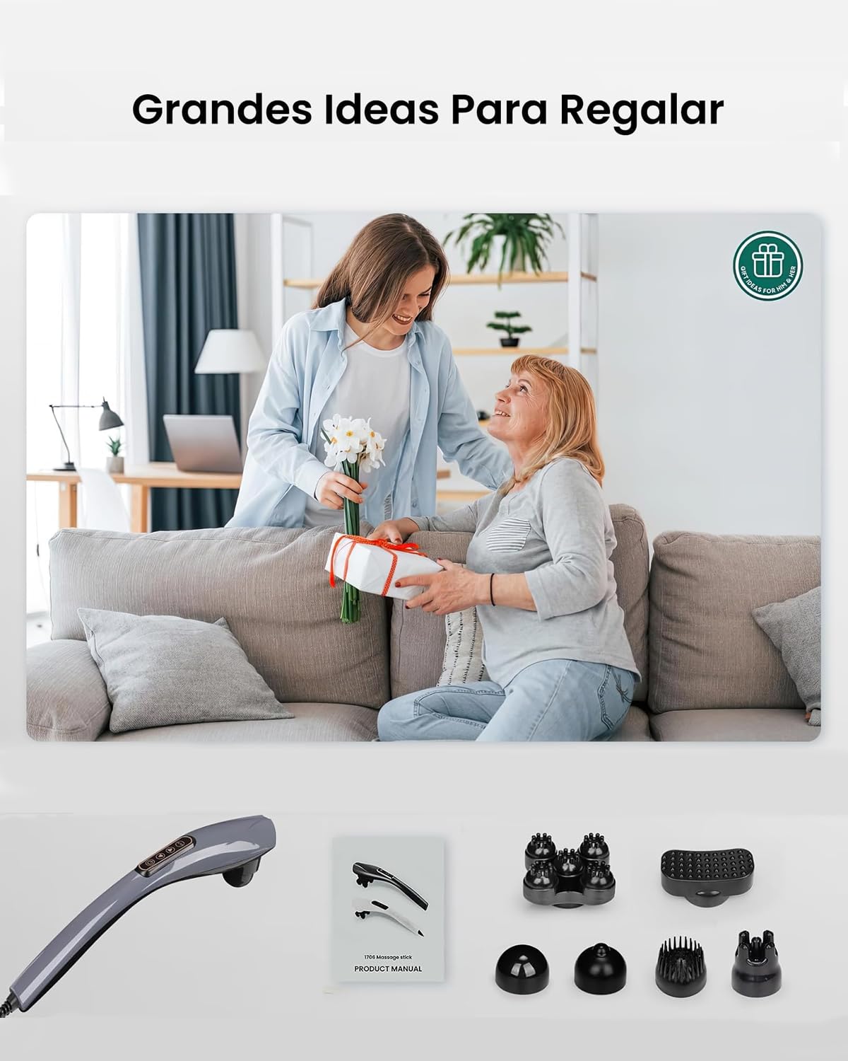 Masajeador de Espalda, Masajeador de Percusión de Tejido Profundo con 6 Cabezales De Masaje 10 Intensidad &12 Modos, Multifuncional Masajeador Muscular, para Cuello, Pierna, Pie, Hombro,Abdomen, Brazo, Función De Calefacción(Gris)