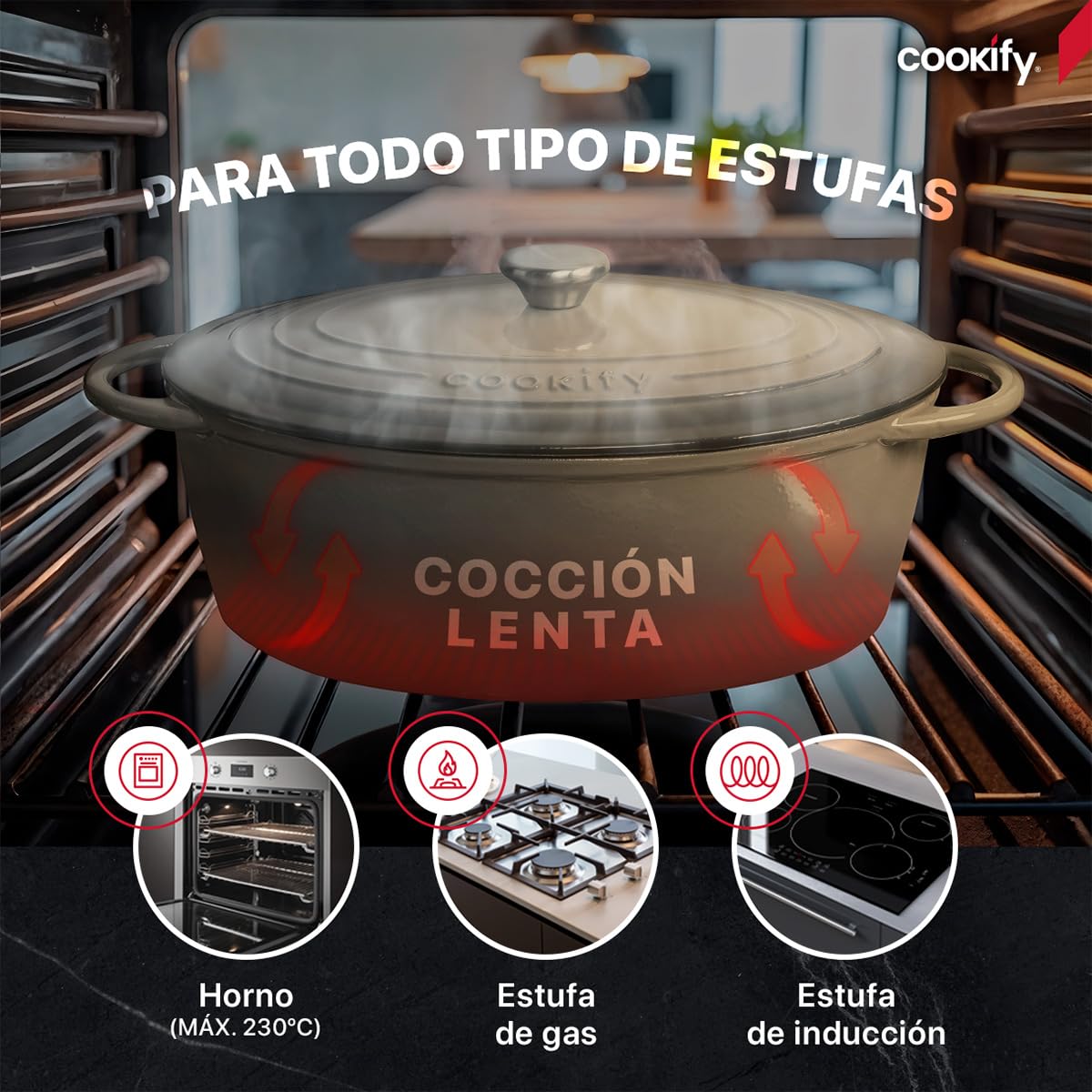 Cookify Olla de Hierro Fundido Esmaltado para Horno y Estufa, Horno Holandés Capacidad 7 Litros Dutch Oven (Gris, 35 cm)