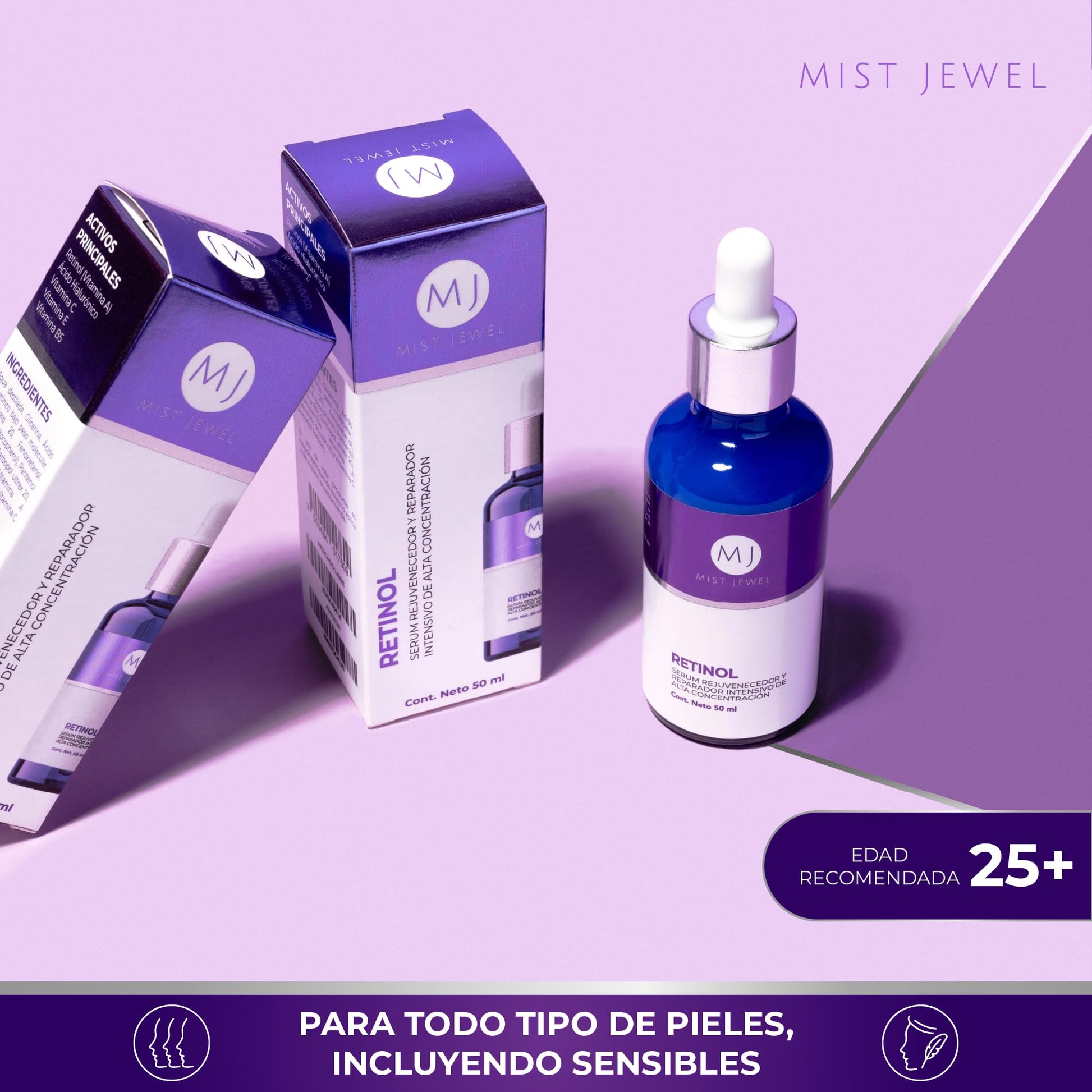 MIST JEWEL Serum Facial Retinol (Vit A), Ácido hialurónico, Vitamina C, Vit E, B5, hidratante y reparador | Suero para hombres y mujeres Anti manchas Nocturno, cuidado facial iluminador e hidratante de alta efectividad 50ml