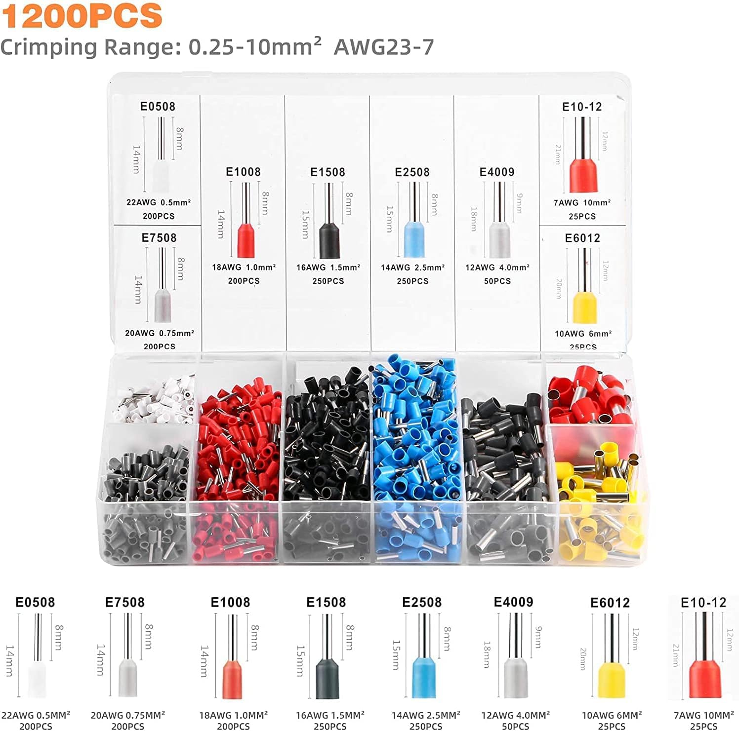 Crimpadora de Terminales Juego de 1200Pcs Crimpadora de Alambre Crimpadora de Ferrules, Juego de Crimpadora de Ferrules Crimpadora de Terminales Alicates con Conectores Cable (AWG 22-8) (1200-a)