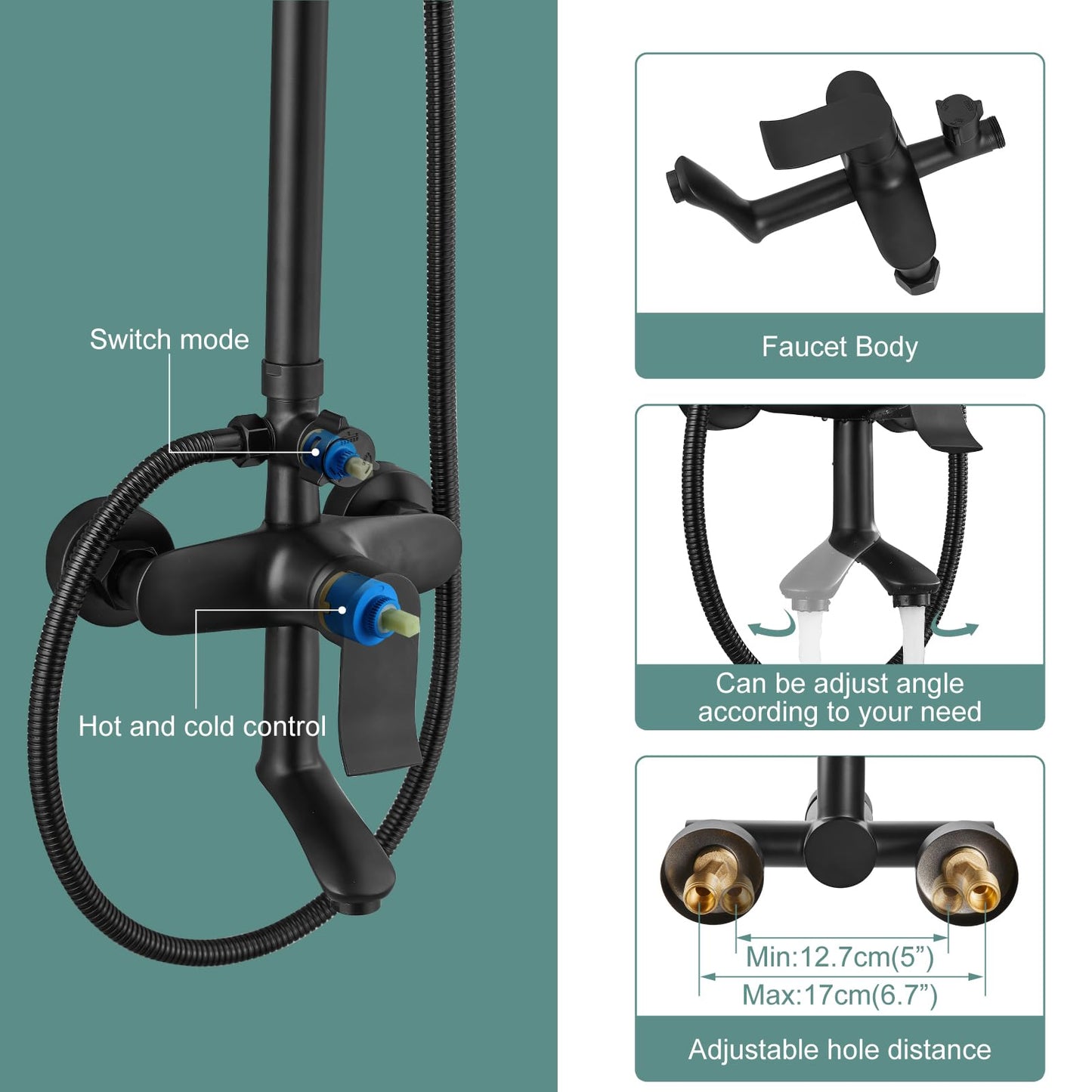 Sistema de Ducha Negro Mate Triple Función con Cabezal Giratorio de 20.3 cm y Ducha de Mano Ajustable