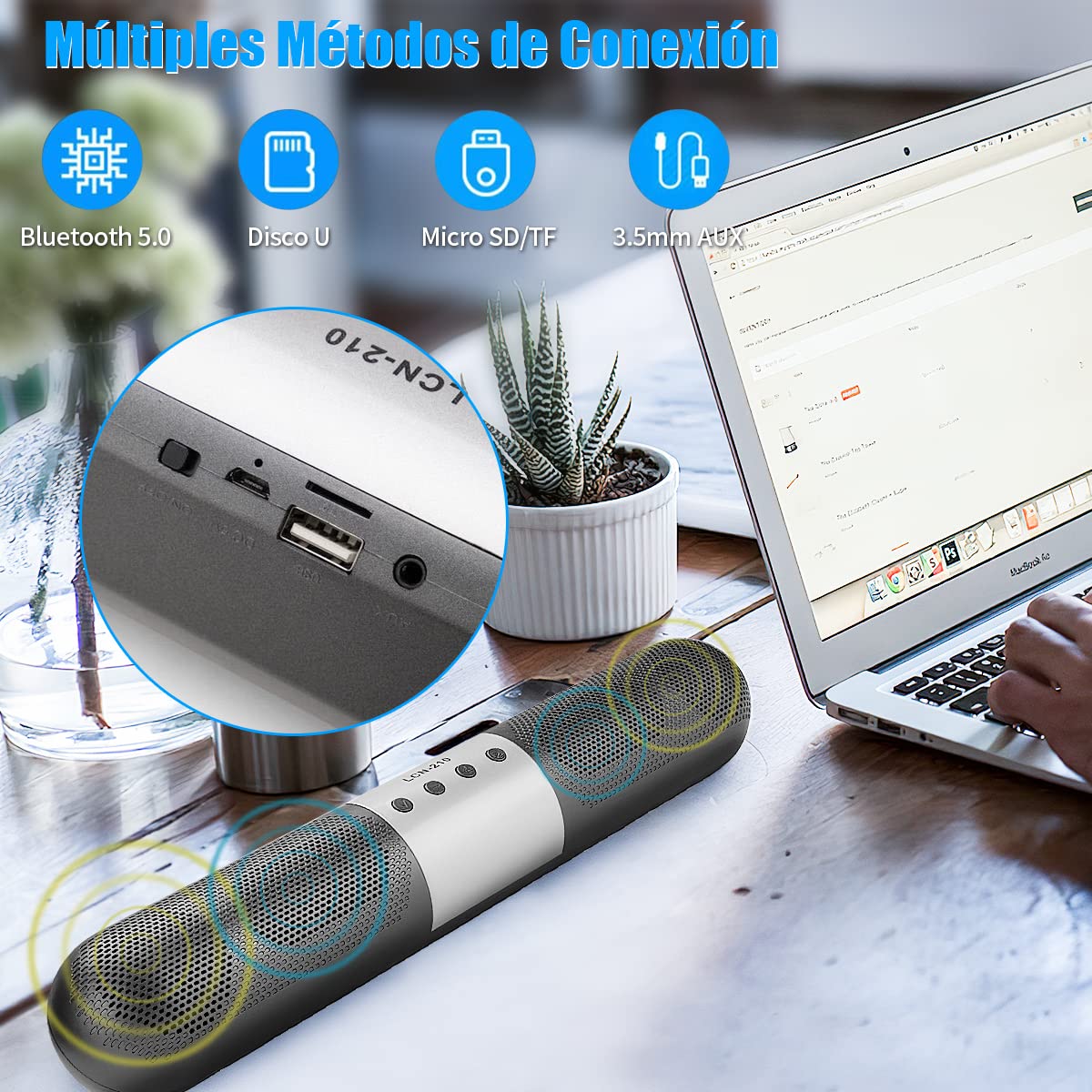 HONGHCL Barra de Sonido, Sound Bar con Conectividad Bluetooth/AUX 3.5mm/USB/TF Card,Barras de Sonido con Sonido Estéreo de 360°,Inalámbrica Bocina de Subwoofer con Llamadas Manos Libres HD y FM
