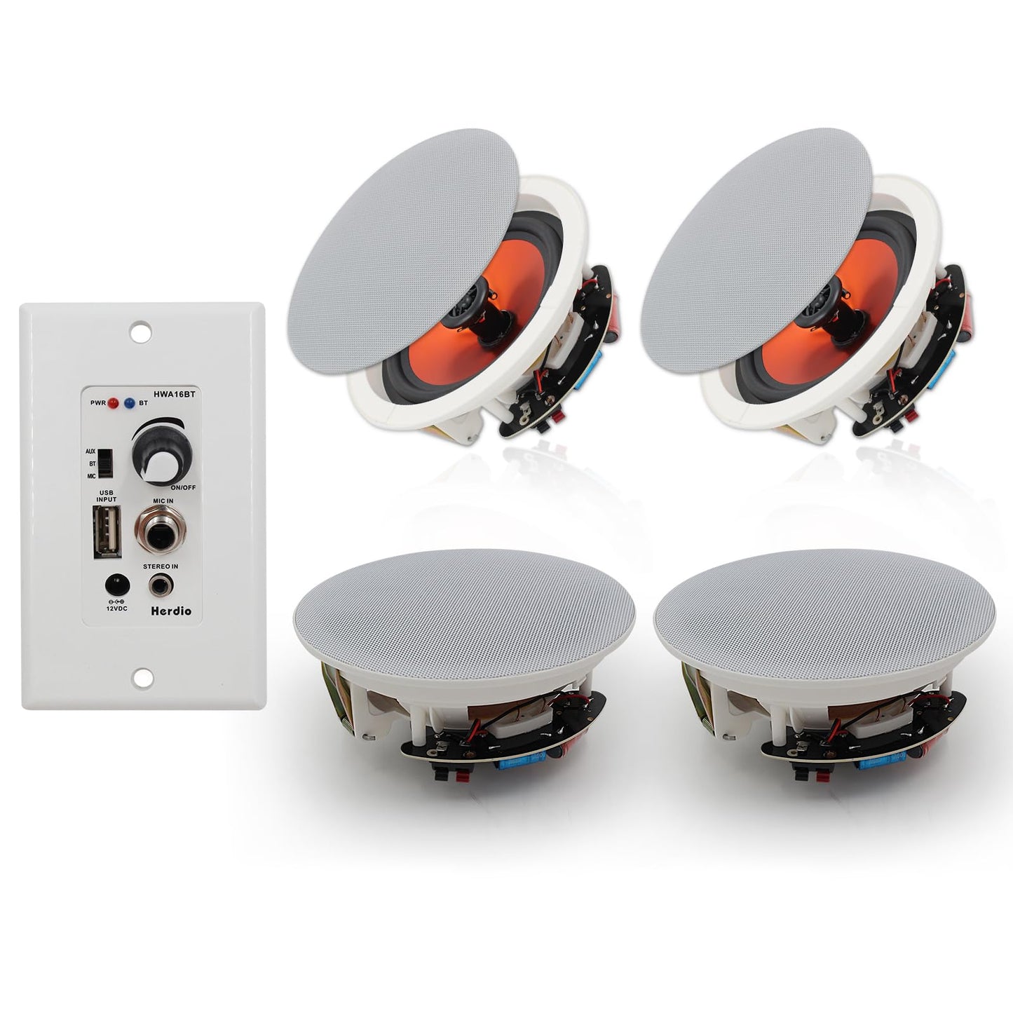 Herdio 6.5'' Bluetooth en la Pared en el Techo Altavoces 600W 2-Way Flush Mount Sistema de Altavoces con Amplificador de Pared Receptor para Cine en Casa Oficina Baño(2Pares, Paintable-Grille)