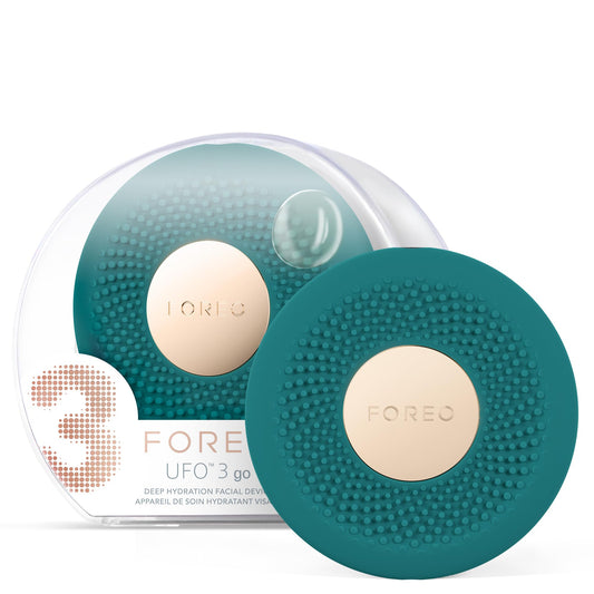FOREO UFO 3 go, mascarilla facial de viaje - Hidratante facial - Cuidado de la piel antiedad - Luz LED de espectro completo y luz roja - Masajeador facial T-Sonic - Con app - Evergreen