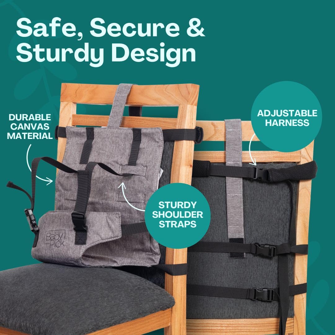 Silla alta portátil para viajes por Baby Pick – Asiento de arnés, equipo plegable y ligero, correas ajustables para bebés y niños pequeños, compacta y segura, lavable a máquina, imprescindible para
