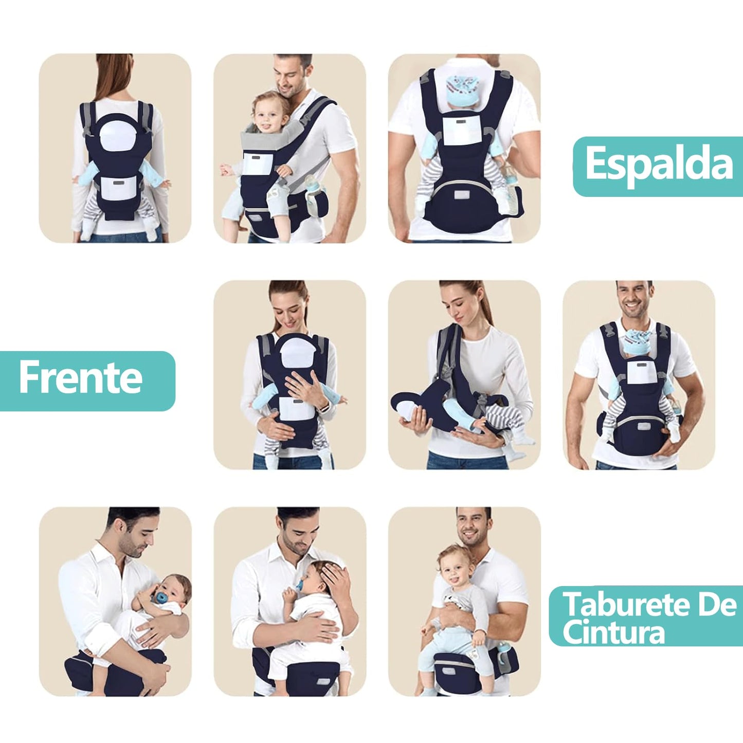 Mochila Portabebé Multiusos Asiento de Cadera Azul Oscuro Ajustable y Transpirable