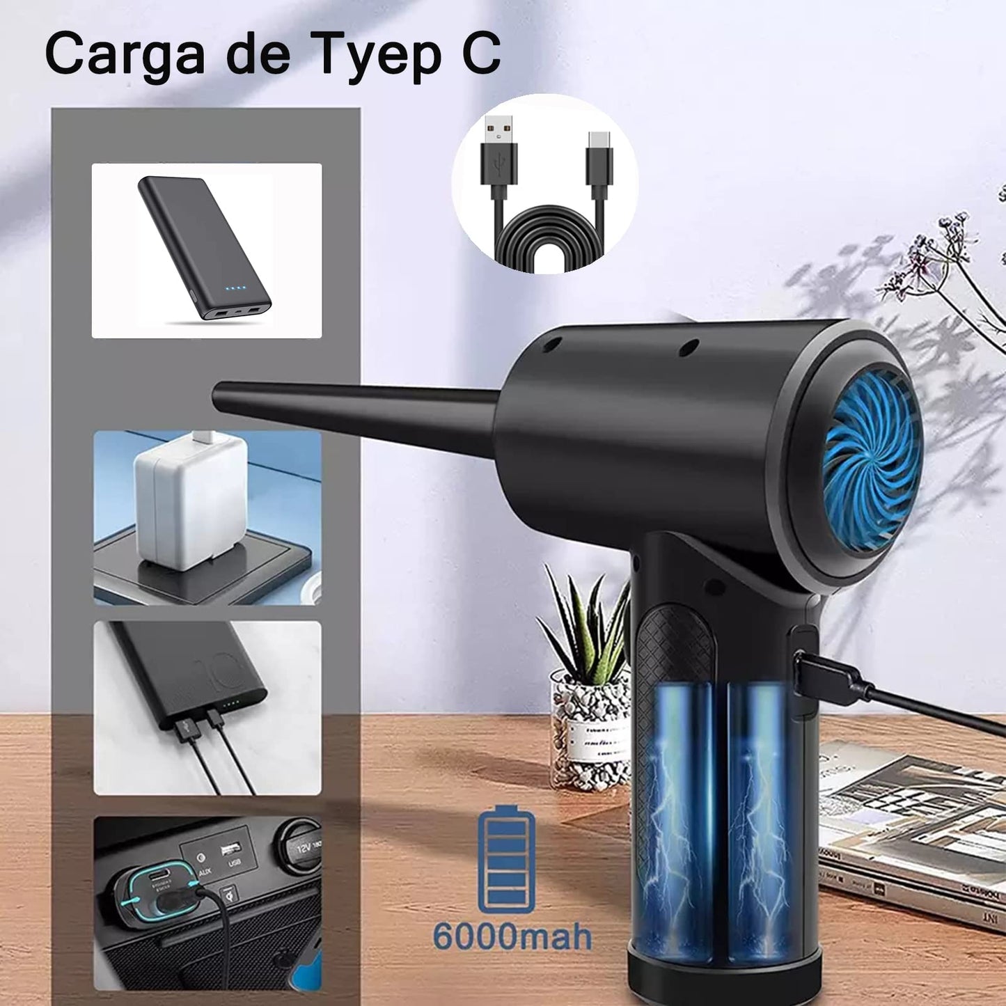 LKUWEE Aire Comprimido para PC - Reutilizable Aire Comprimido Plumero Electrico, 51000 RPM 3 Speeds 6000 mAh Sopladora de Aire, Soplador de Aire para la Limpieza de Huecos, Ordenador