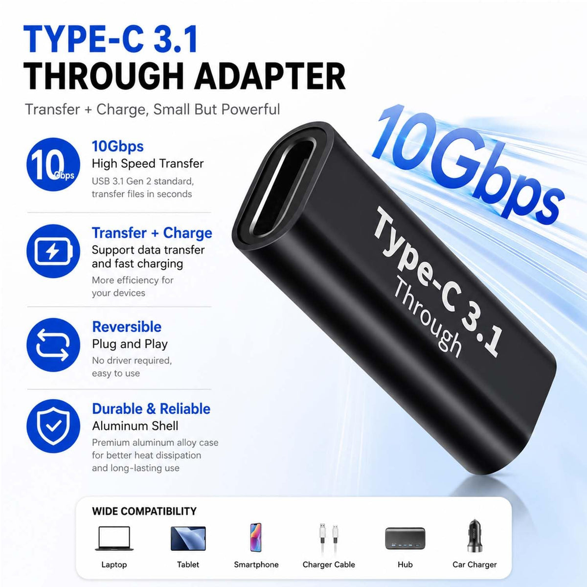 Adaptador USB C Hembra BOLS Soporte Carga Rápida y Transferencia de Datos 10 Gbps