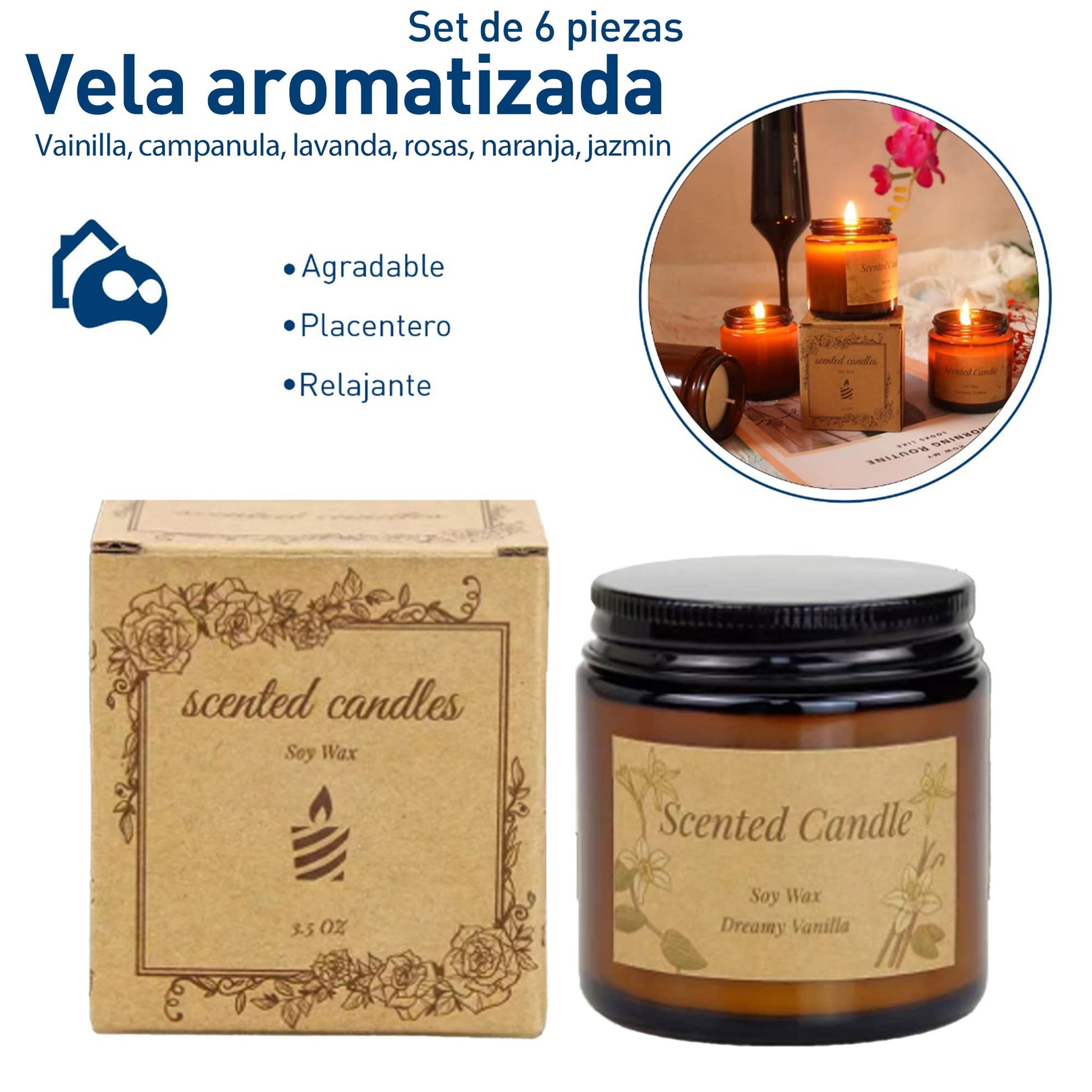 Bluelander Set de 6 Velas Aromaticas Decorativas, Velas de 3.5 Oz, 100% Cera Pura de Soya, Velas Relajantes Olor Vainilla, Campanilla, Lavanda, Rosas, Cítricos y Jazmín (6 Piezas (Todos Los Aromas