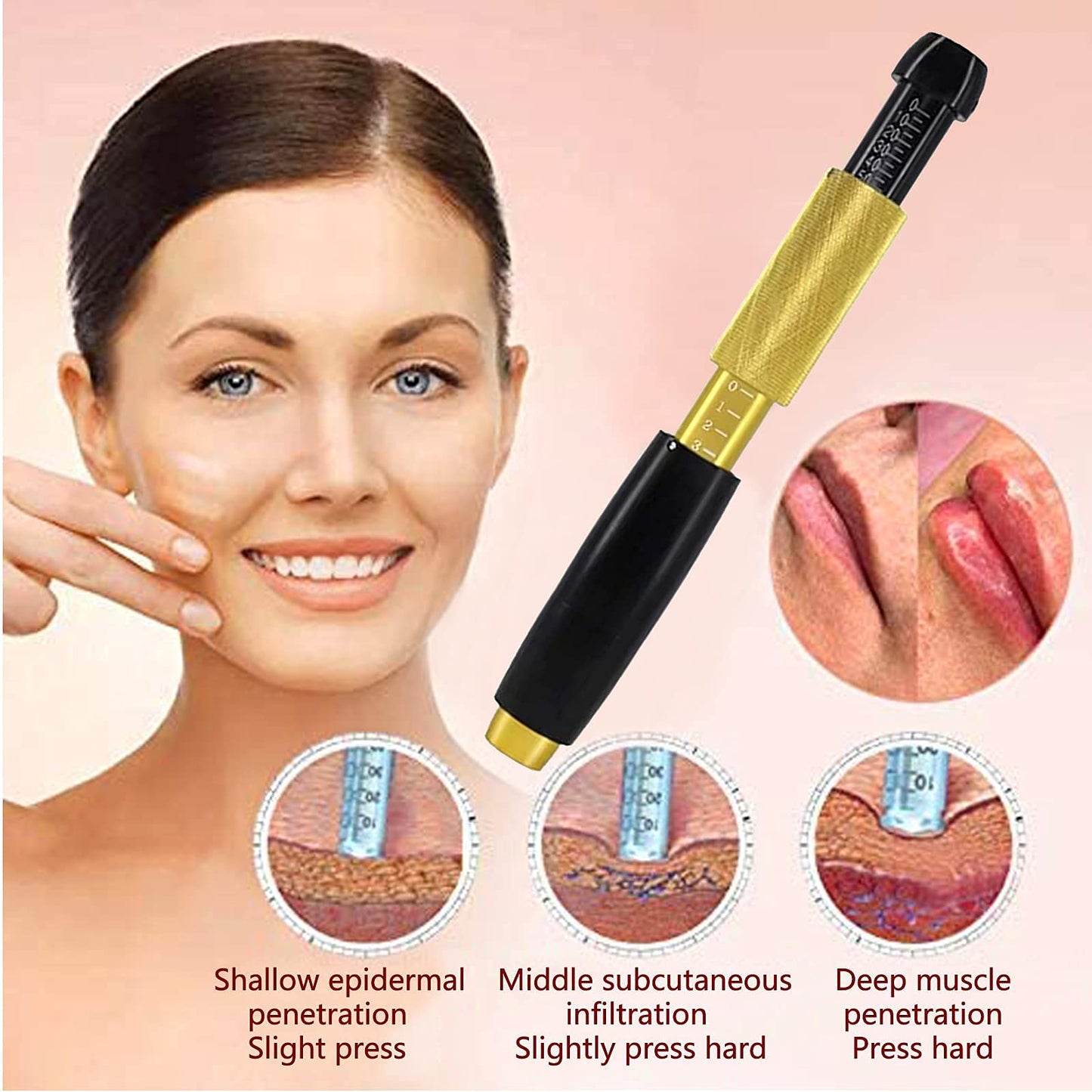 Bolígrafo hialurón de 0,5 ml, nebulizador ajustable de 3 etapas para el cuidado de la piel, para eliminación de arrugas y engrosamiento de los labios