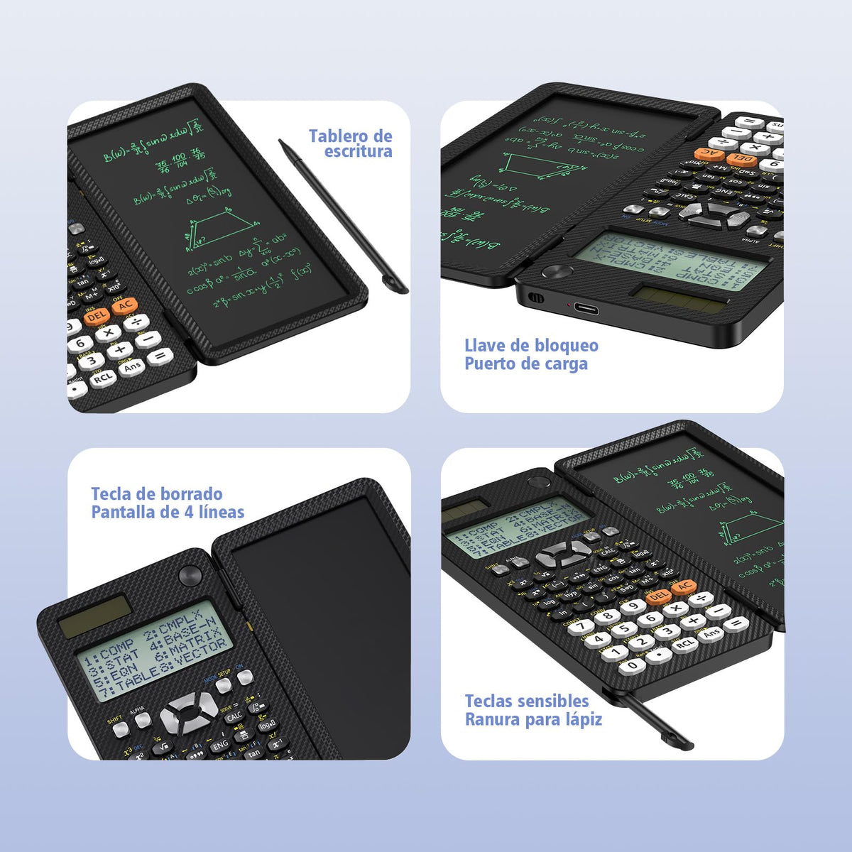Calculadora Científica ROATEE 991ES Negra Recargable Plegable con Bloc de Notas para Estudiantes de Secundaria