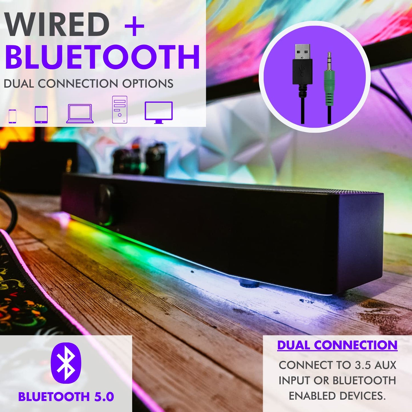 Barra de sonido para juegos Tilted Nation TNPHASER - Altavoces de computadora RGB para PC - Inalámbrico o USB - Audio nítido y LED ajustable