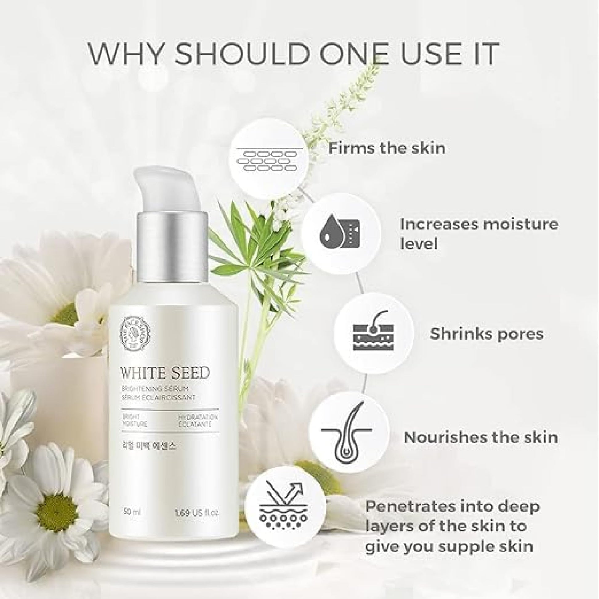The Face Shop Anti Aging Serum Facial Moisturizer, Advanced Brightening and Skin Repair with Natural White Seed Extract - 1.69 Oz 50 mL