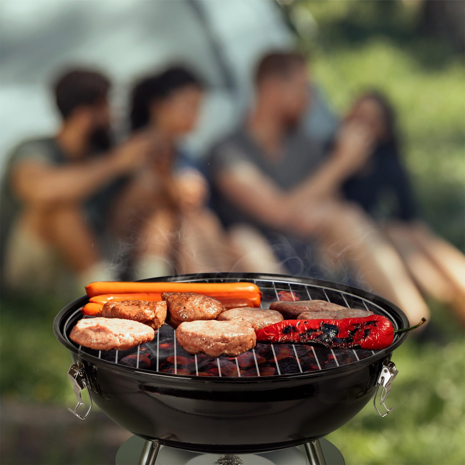 HIKEO Asador de Carbón Portátil 36 cm de Diámetro con Tapa, Parrilla para Carne Asada para Jardín, Camping, Picnic, Patio, Parrillada o Playa, Mini Grill de Acero para Exteriores, Fácil de Limpiar
