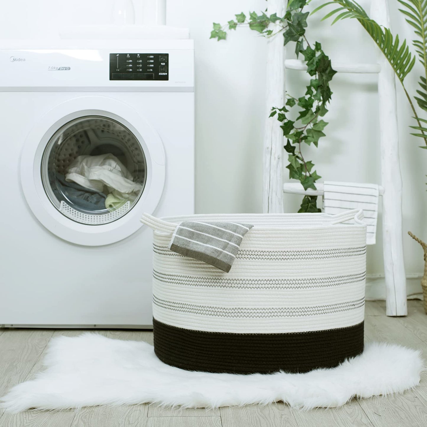 R RUNKA Cesta de almacenamiento extragrande – 22 x 55,5 x 35,5 cm XXXL extra grande – Cesta de ropa tejida con asas – Cesta decorativa extra grande para mantas, redonda, suave, para la sala de estar de los niños