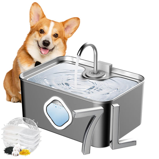 LINGDOK - Fuente de agua para perros grandes, dispensador de bebidas de acero inoxidable de 7 L/236 oz/1.8 g, ultra silenciosa, filtración de 4 capas, fuente de agua automática para mascotas, para