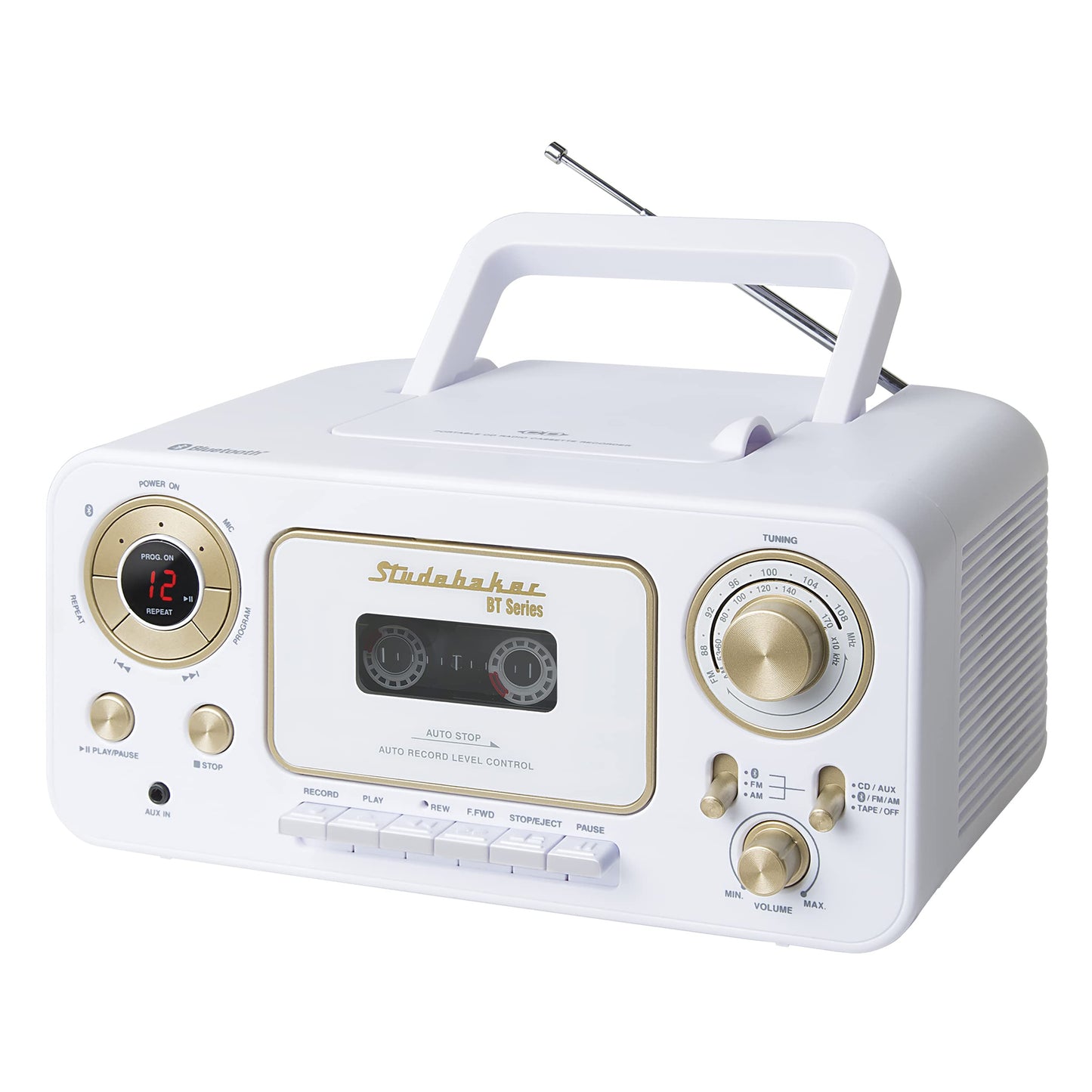 Studebaker CD estéreo portátil Bluetooth, radio estéreo AM/FM y reproductor de cassette/grabadora (blanco y dorado)