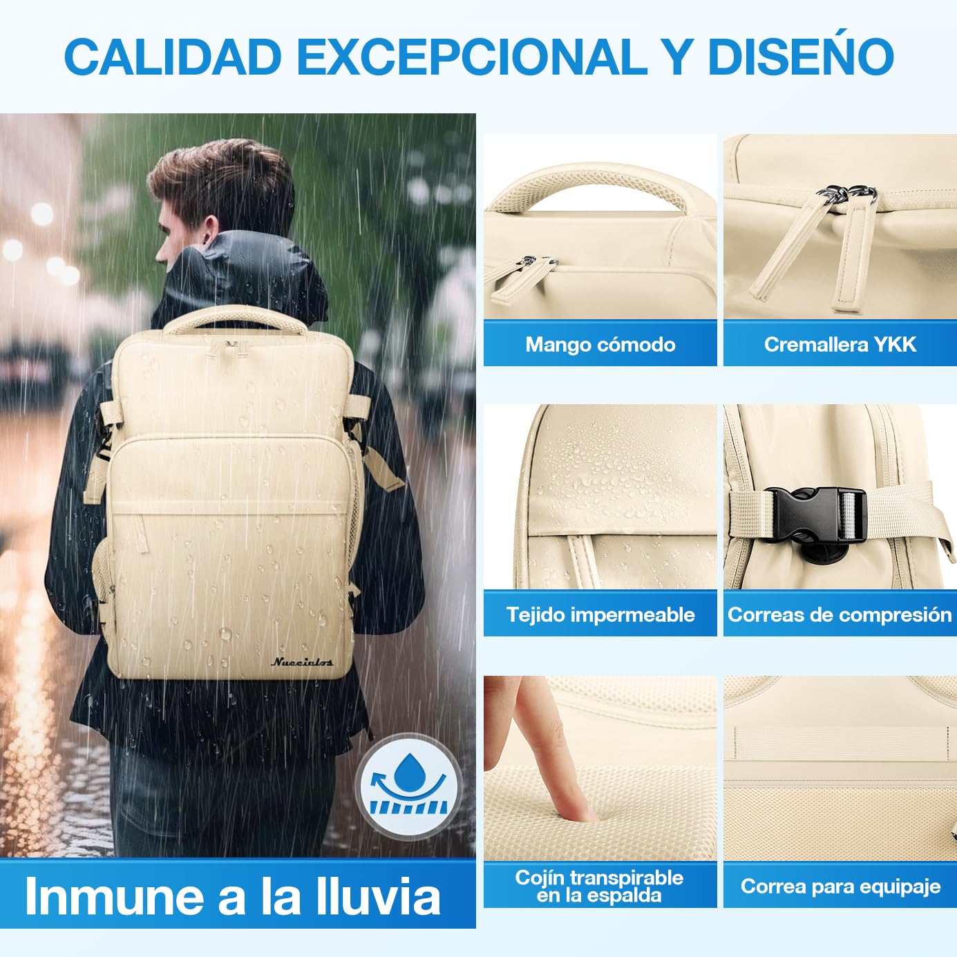 Mochila de Viaje para Laptop 15,6 Pulgadas Beige Impermeable de Gran Capacidad para Hombres y Mujeres