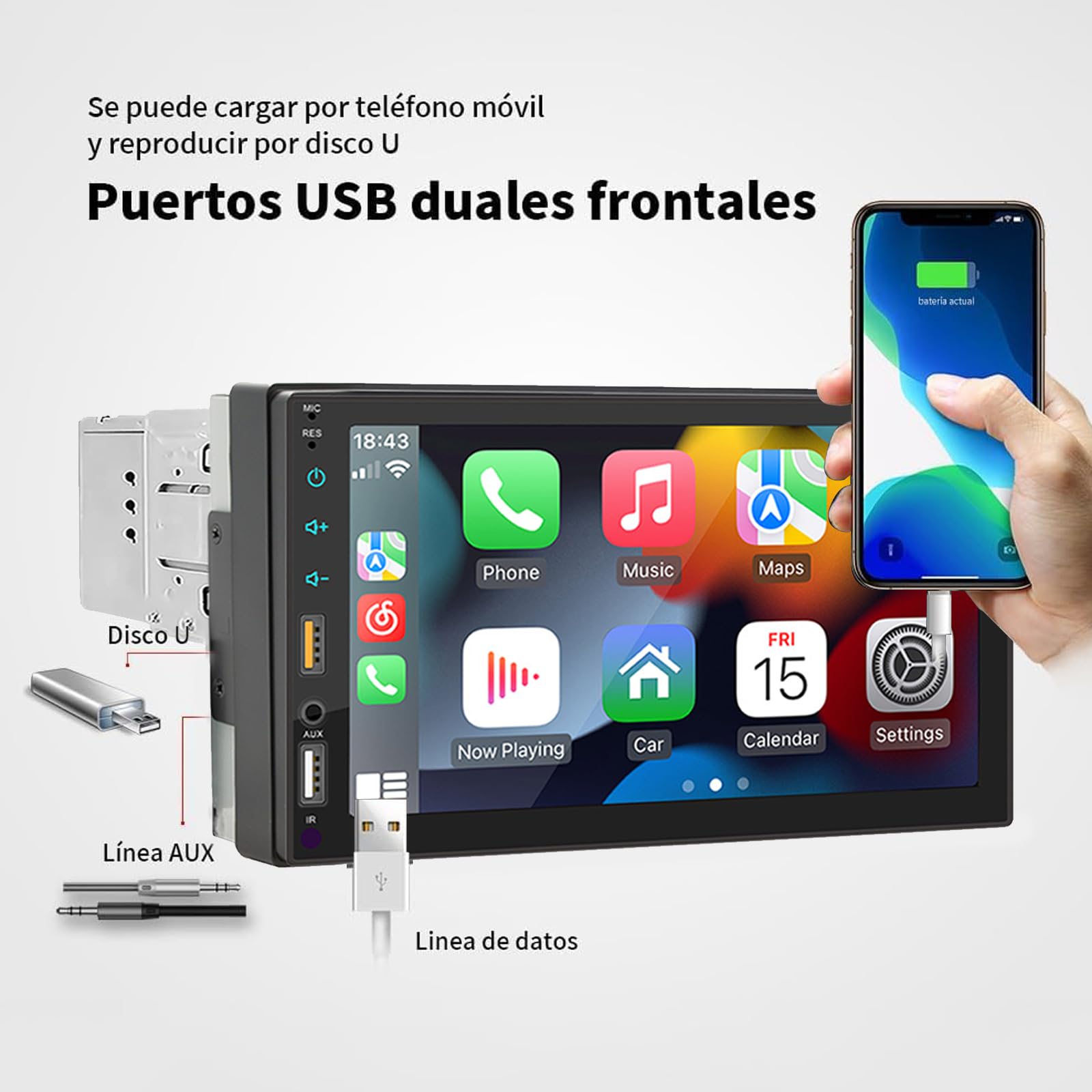 FINYQBET Estereo Pantalla Estéreo para Auto Mirror Link 7 con Cámara Pantalla Táctil y Carplay Soporte para inglés y español BT FM/MP5 FM/MP USB/TF inalámbrico