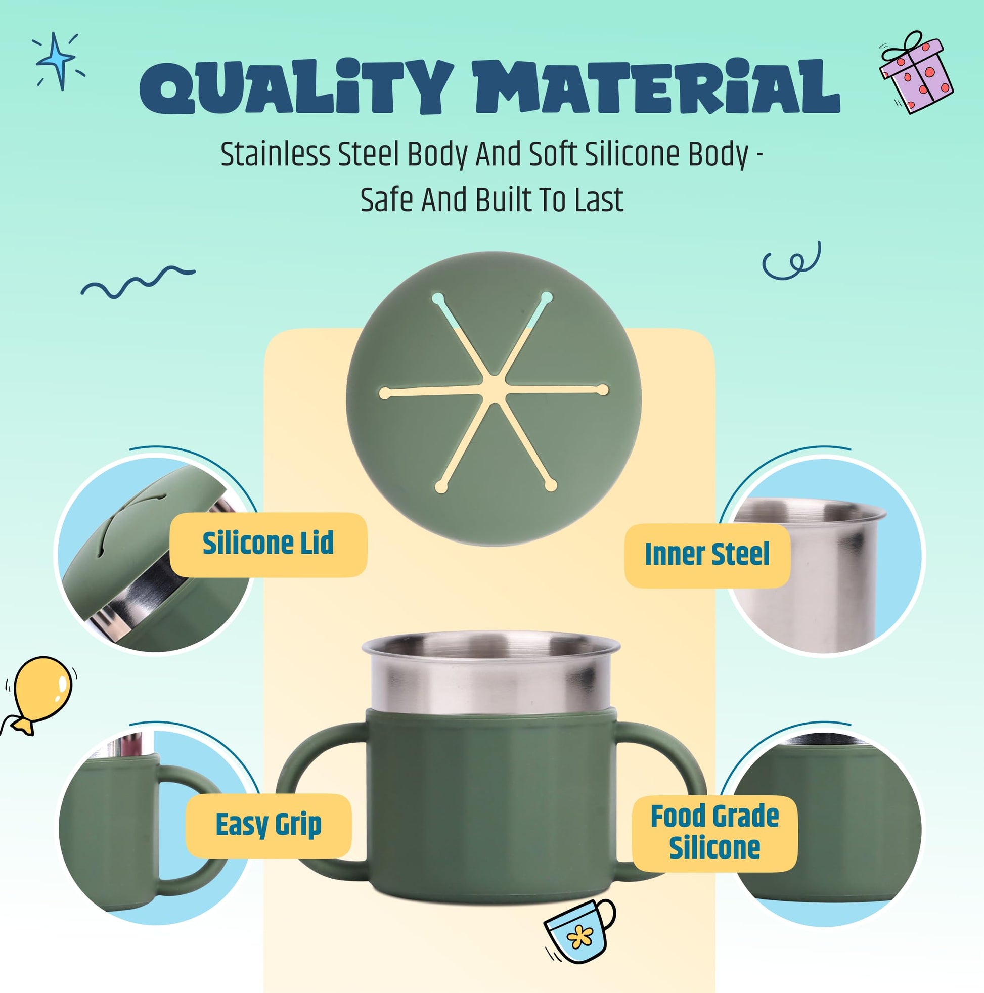 Jumble Dream - Taza de botanas de acero inoxidable para niños pequeños – Contenedor de botanas de silicona a prueba de derrames – Sin BPA, no tóxico, apto para lavaplatos, acero inoxidable de grado