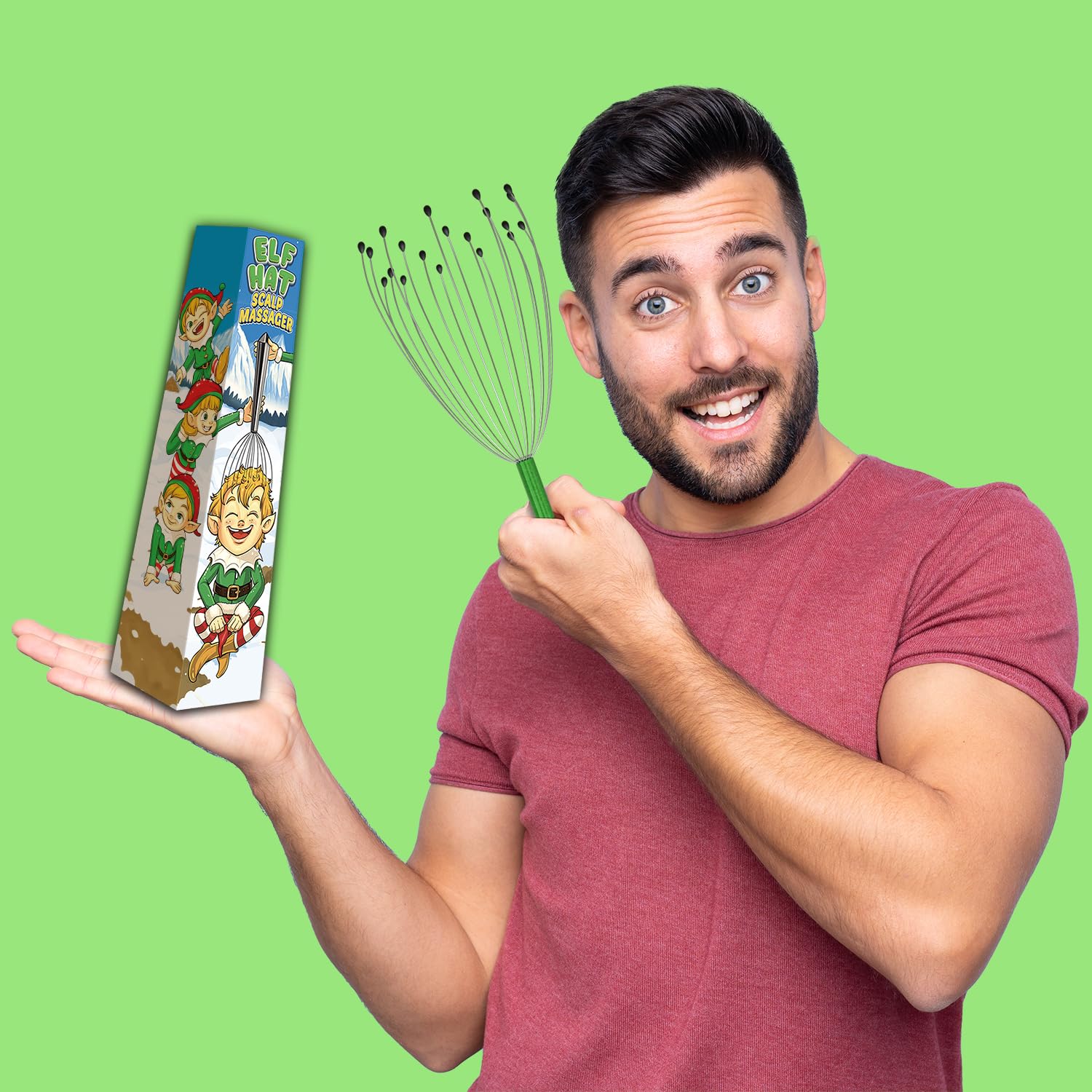 Masajeador de piel cabelludo en caja de regalo de Navidad, relleno de calcetines para hombre para adultos. Ideas de regalo de elefante blanco de Papá Noel. Elf Hat Theme - Masajeador de cabeza de 20 puntas para mujer y adolescente