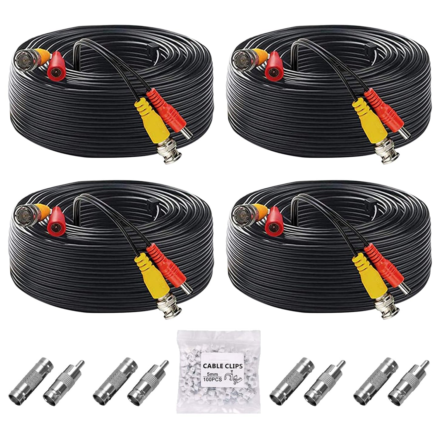 Paquete de 4 cables de alimentación de video BNC de 30 m / 100 pies todo en uno, cables de extensión para cámara de vigilancia BNC para sistemas de cámara CCTV DVR (8 conectores BNC, 100 clips de
