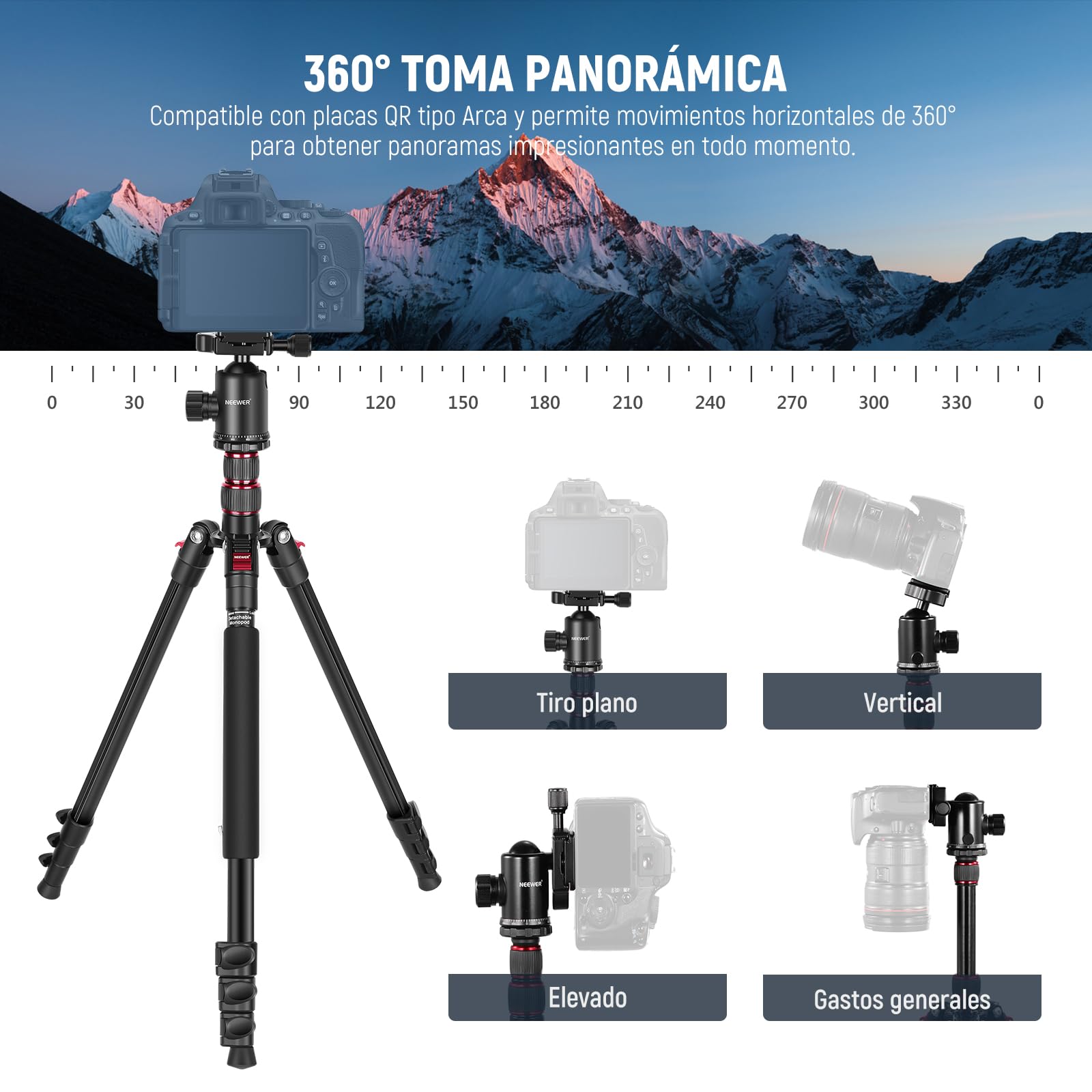 Trípode Monopie NEEWER Negro Viaje con Control Remoto y Cabezal 360° para Cámara DSLR de Aluminio