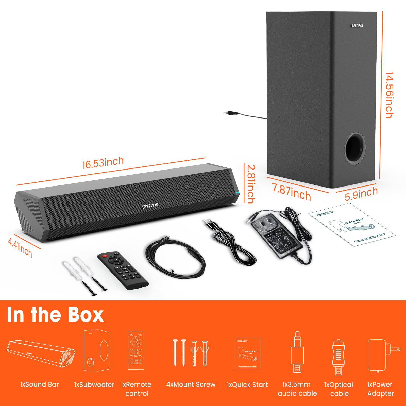 BESTISAN Barras de sonido para TV con subwoofer, 2.1 graves profundos pequeña barra de sonido para monitor de TV, altavoz de cine en casa, sistema de sonido envolvente para juegos de PC con conexión