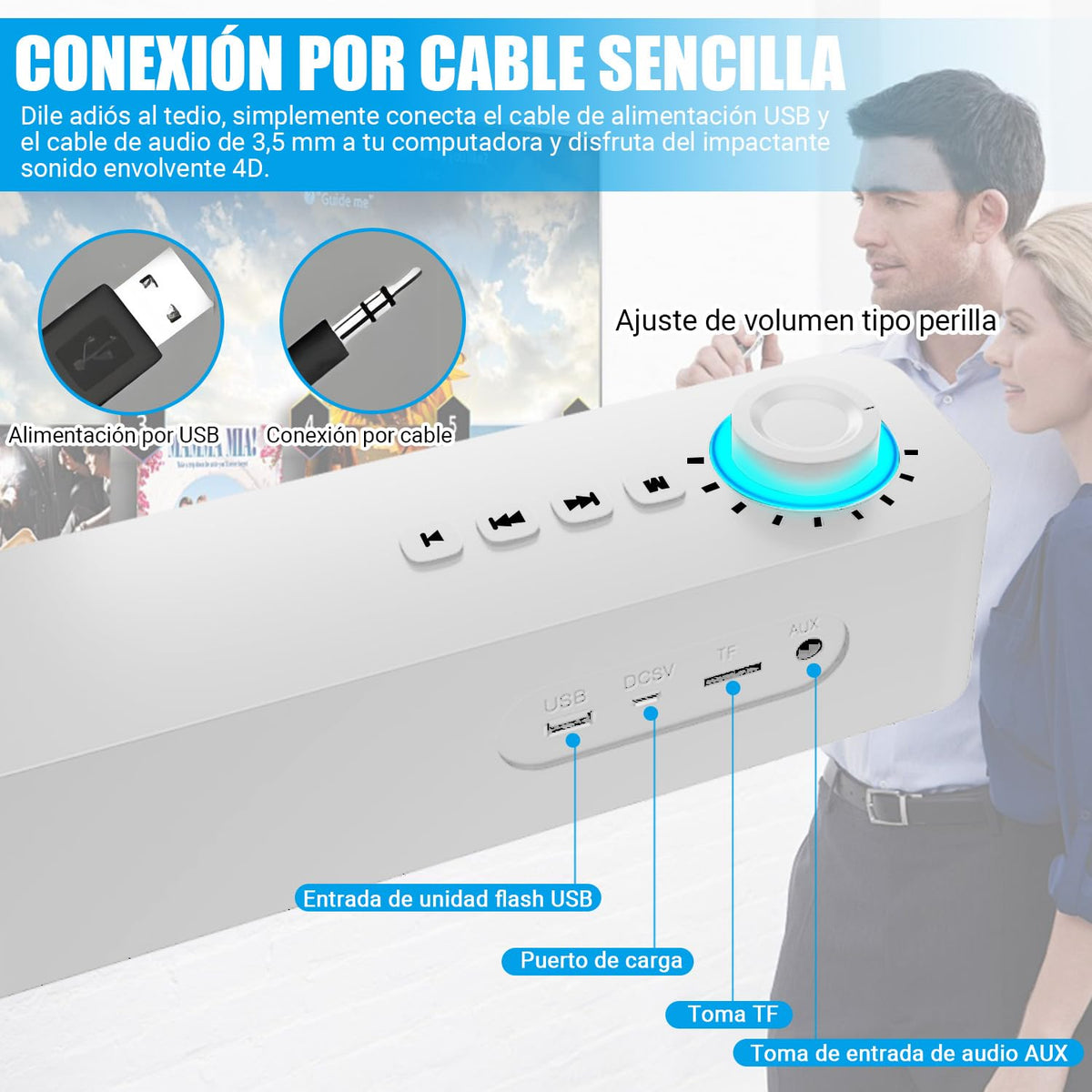 Altavoz Mini Barra de Sonido Estéreo Bluetooth PAVENU Blanco con Subwoofer y Micrófono Incorporado para Cine en Casa