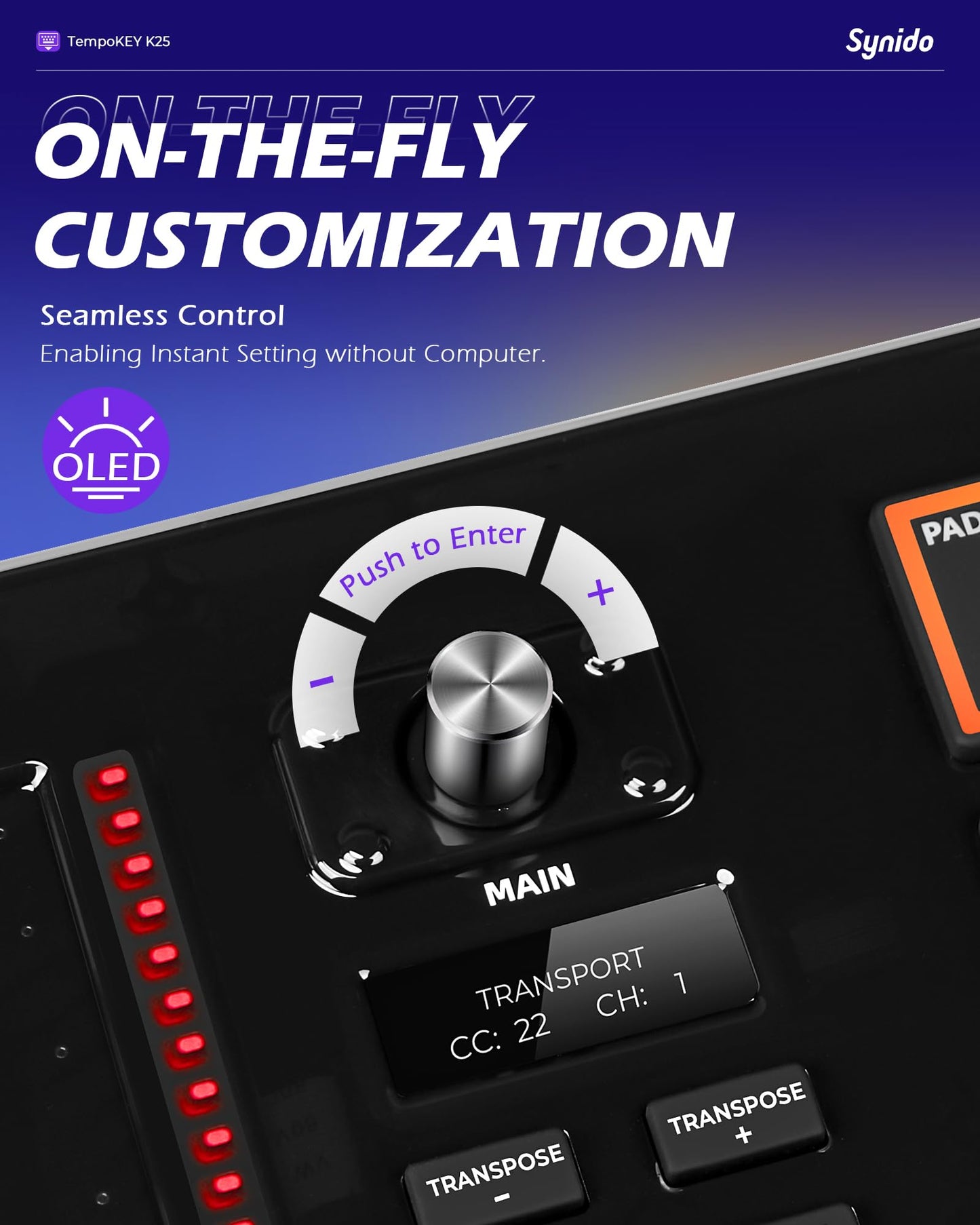 Teclado MIDI USB Synido Negro con Visualización OLED y Almohadillas de Tambor para Producción de Música