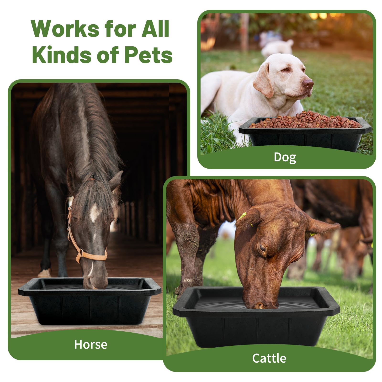 Bandeja de alimentación de goma de 3 piezas, cubo de alimentación para caballos de 10 cuartos, cubo de alimentación grande, cuenco resistente para perros, comedero de goma para caballos, para perros,