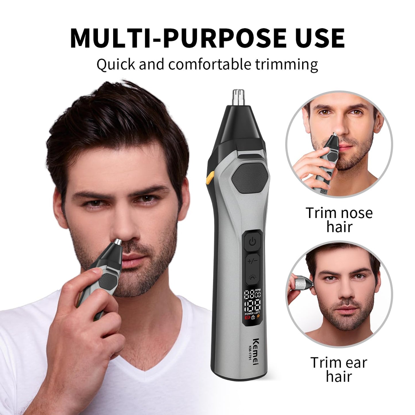 KEMEI Professions - Recortadora de barba para hombre, inalámbrica, IPX6, impermeable, para hombre, para iluminación nocturna, lámpara recargable para nariz, cuerpo, cara y bigote con pantalla LED