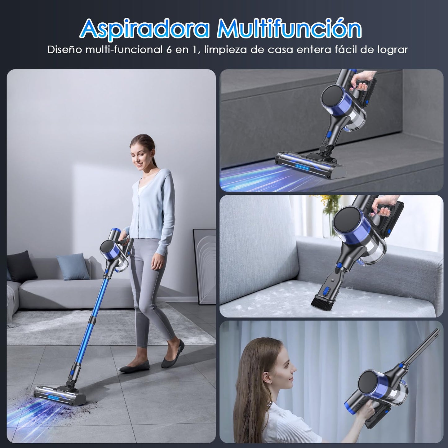 Aspiradora Inalámbrica, Aspiradora de Mano, 45Kpa Aspiradora Vertical, Succión Potente, Aspiradora Inalámbrica y Trapeador con Antienredos para Alfombras, Pelo de Mascotas, Pisos de Madera Dura