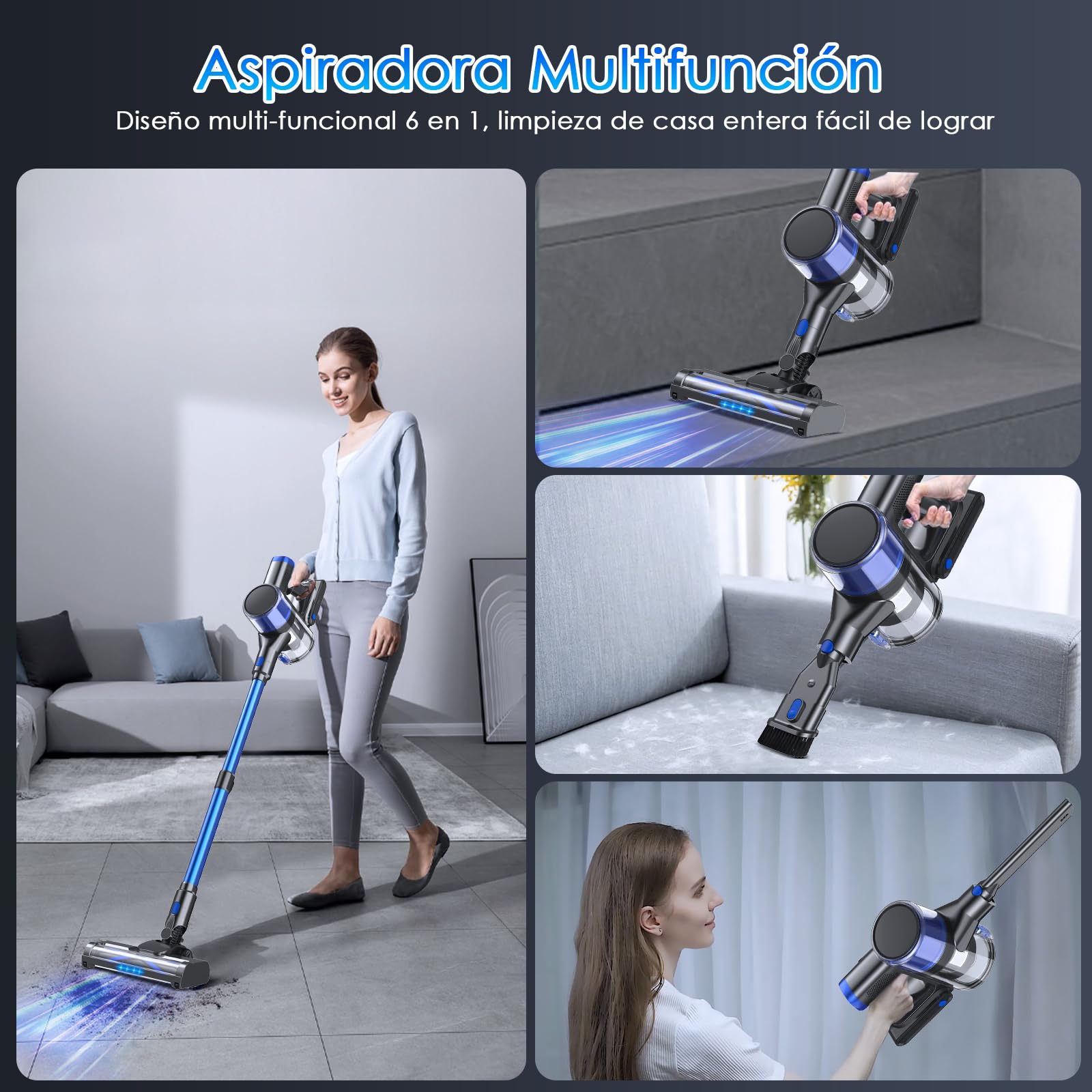Aspiradora Inalámbrica, Aspiradora de Mano, 45Kpa Aspiradora Vertical, Succión Potente, Aspiradora Inalámbrica y Trapeador con Antienredos para Alfombras, Pelo de Mascotas, Pisos de Madera Dura