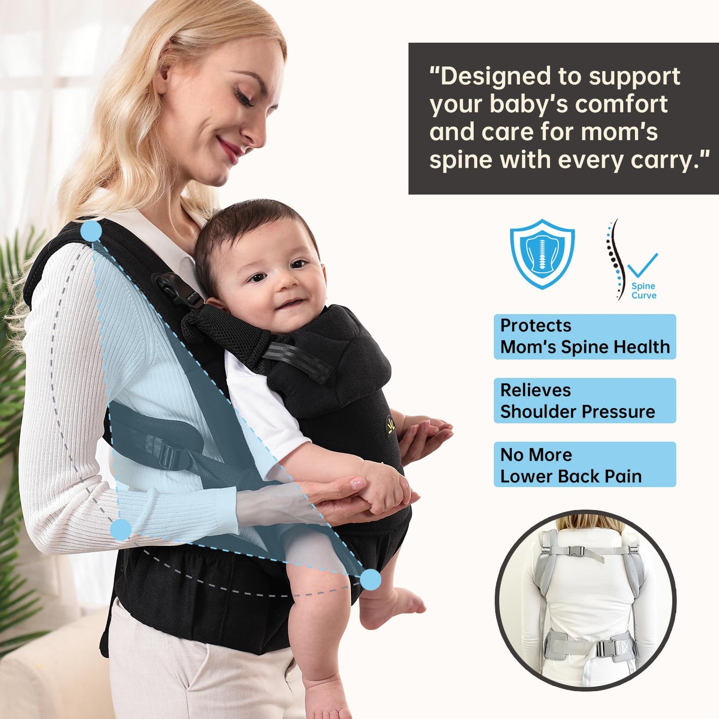 Dawnbud - Portabebés para recién nacidos y niños, ajustable, ultrasuave y ligero, ergonómico con soporte para la cabeza, equipo de viaje para bebés, artículos esenciales para bebés (negro)