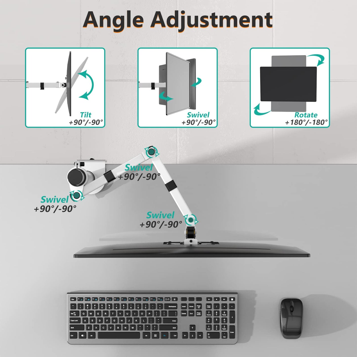 Soporte Ajustable para Monitor WALI Blanco, Brazo Individual para Monitor de hasta 27 Pulgadas y 10 kg, con Inclinación y Giro VESA 75 & 100mm