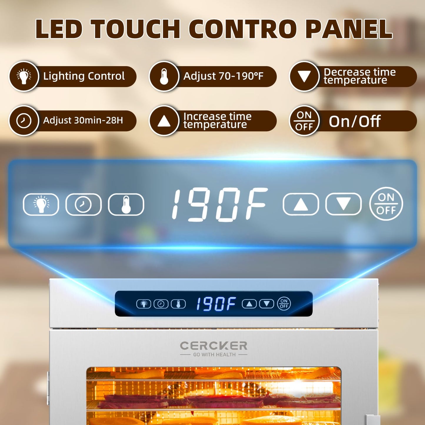 Máquina deshidratadora de alimentos, 9 bandejas de acero inoxidable, deshidratador de frutas de 1000 W, secador de carne de 7.7 pies cuadrados para ceca, control de temperatura de 190 ºF, máquina