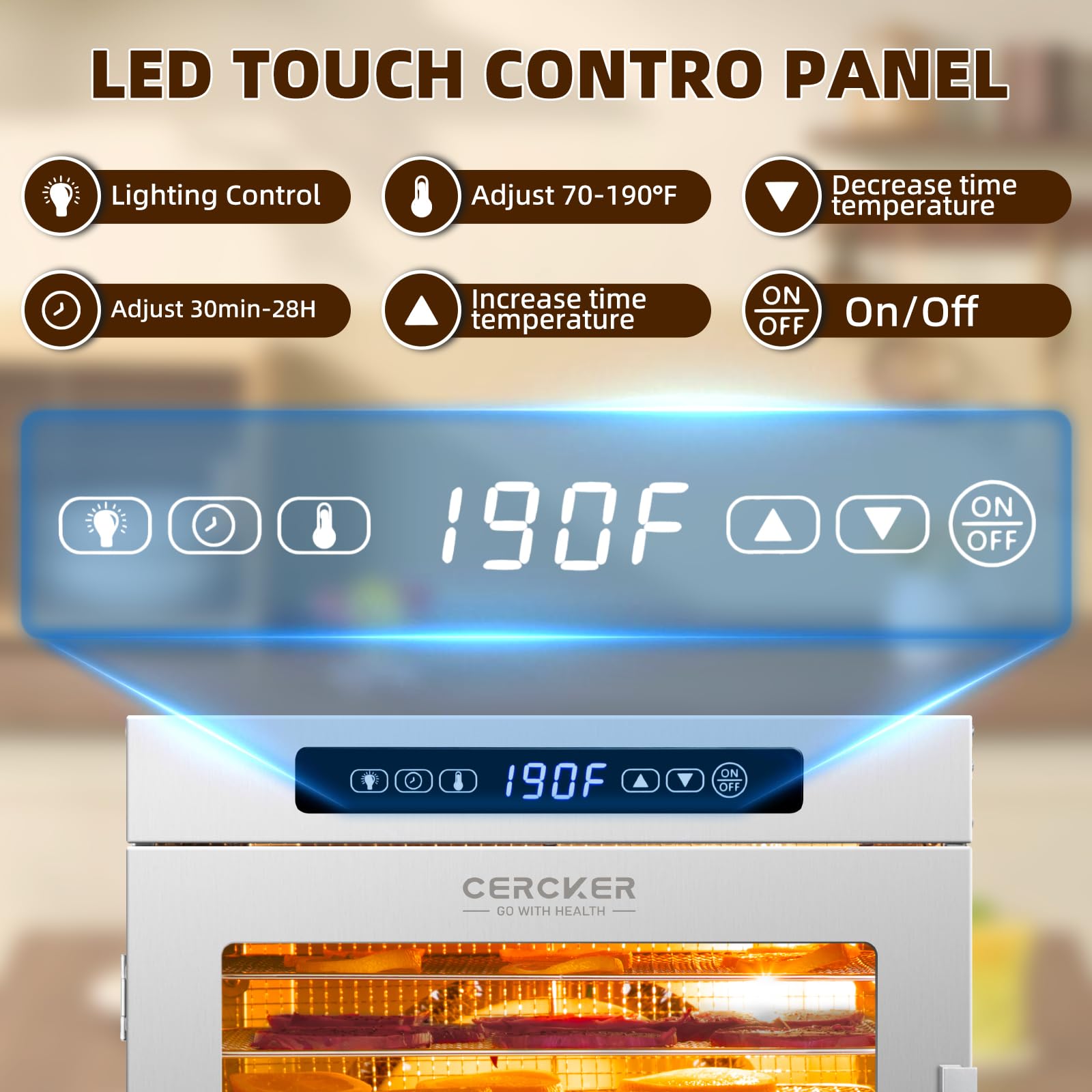 Máquina deshidratadora de alimentos, 9 bandejas de acero inoxidable, deshidratador de frutas de 1000 W, secador de carne de 7.7 pies cuadrados para ceca, control de temperatura de 190 ºF, máquina