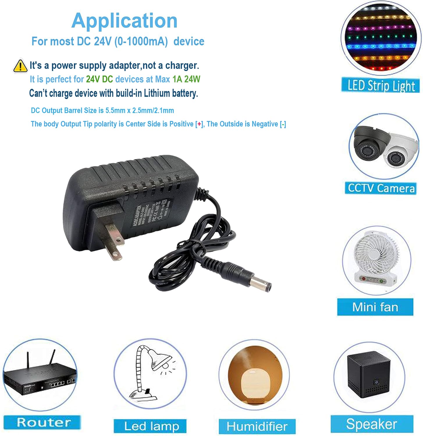 Adaptador de CA Negro para Tira de Luz LED, Cámara CCTV, Bomba de CC 24V 1A 24W Enchufe 5,5mm x 2,5mm